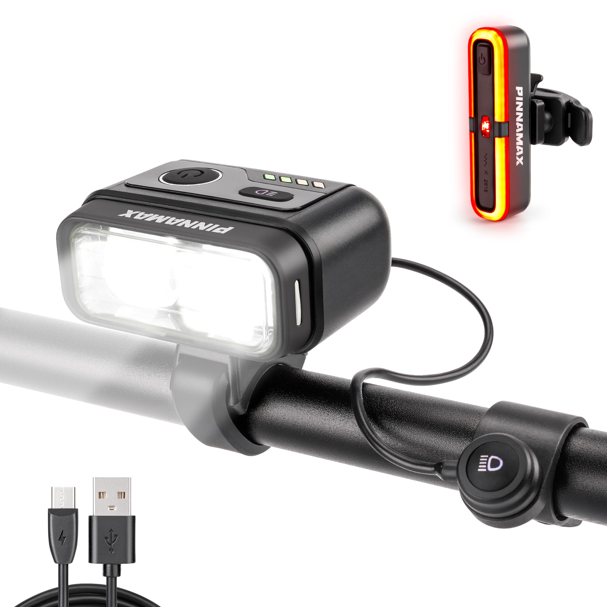 Kit d'éclairage de vélo homologué StVZO - Rechargeable par USB - Avec feu avant et arrière - 100 lux - Lumière avant et arrière avec capteur de freinage - Étanche IPX5 - Éclairage LED