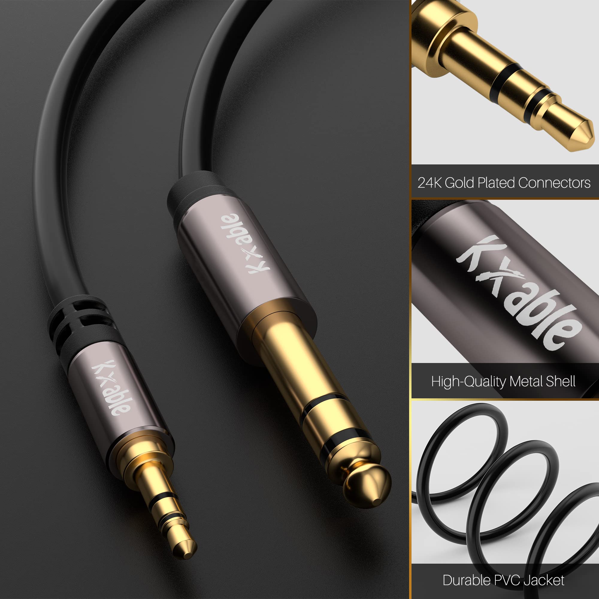 Cable de audio estéreo de 3,5 mm a 6,35 mm, conector de cable de auriculares de 1/4 a 1/8 pulgadas, sonido de alta fidelidad, conectores chapados en oro, núcleo OFC, cable negro (con 5 bridas para