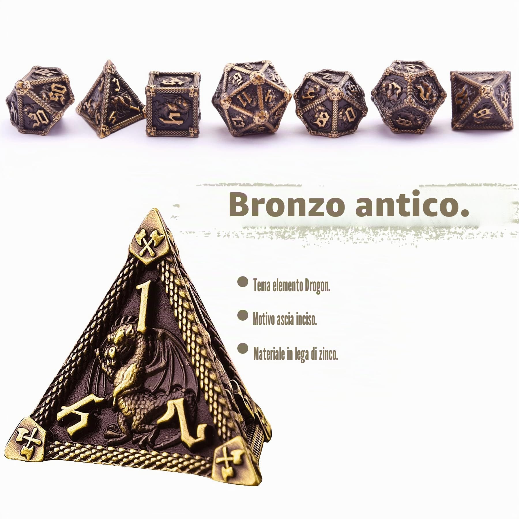 SIQUK 7 Pezzi Dadi Metallo D&D Poliedrici D20 D12 D10 D% D8 D6 D4 Set per Dungeon and Dragons, Bronzo