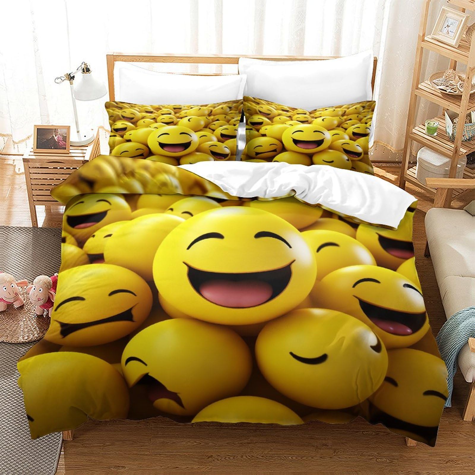 Housse de couette microfibre super king size jaune motif smiley 3D avec taies