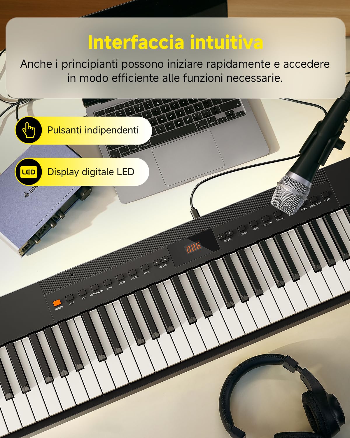Pianoforte digitale Donner DEP-05 a 88 tasti semipesati sensibili alla velocità, set di tastiera per pianoforte elettrico portatile con supporto a X e pedale per principianti, Wireless USB-MIDI, nero