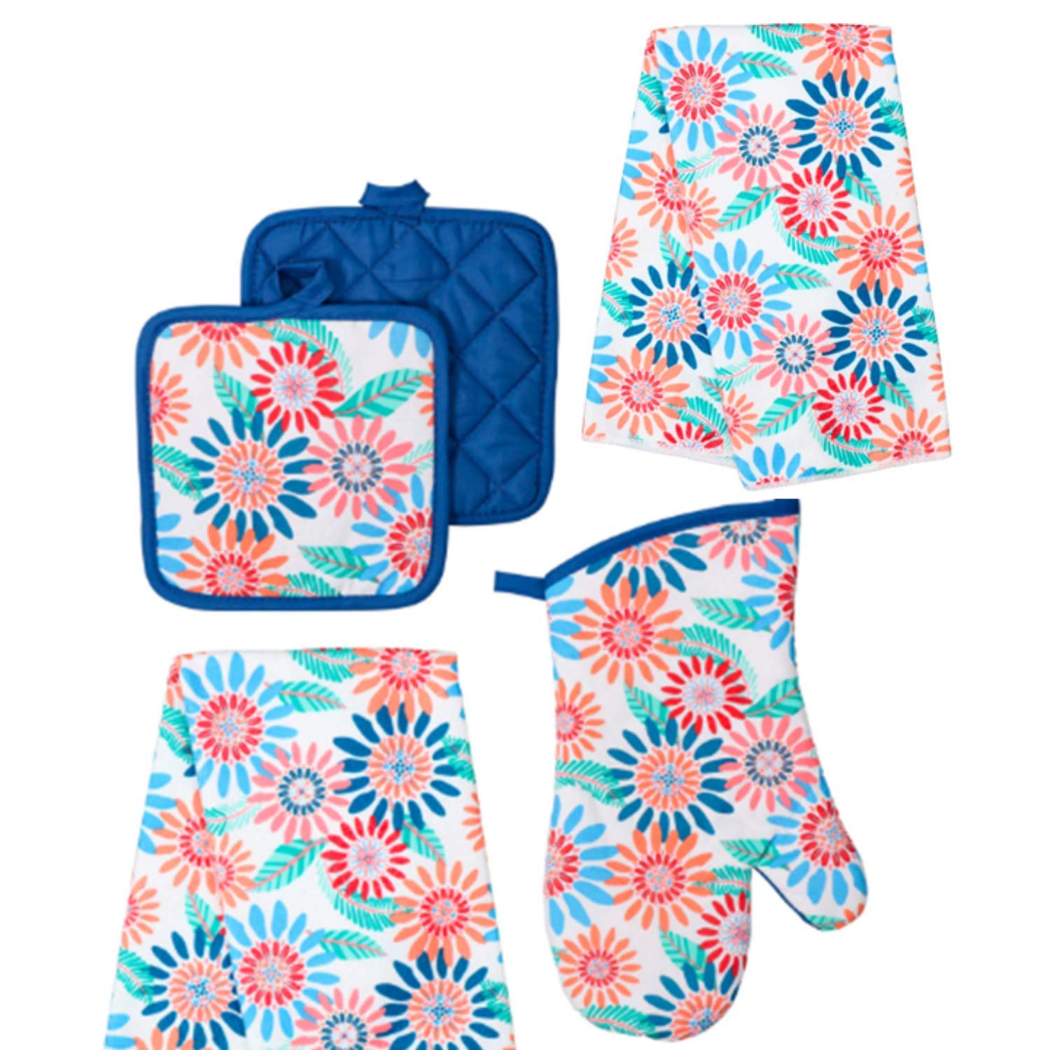 Summer Decor - Kitchen Linen Set (5 Pc) Celebrate Spring Flowers and the Floral Season - Colorful Set Includes 2 Matching Kitchen Towels 2 Potholders 1 Oven Mitt - Oven Mitts - Potholders - Kitchen De