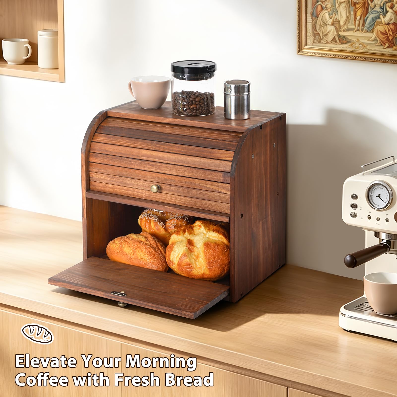 Wooden Bread Box - Keep Bread Fresh & Organized -8