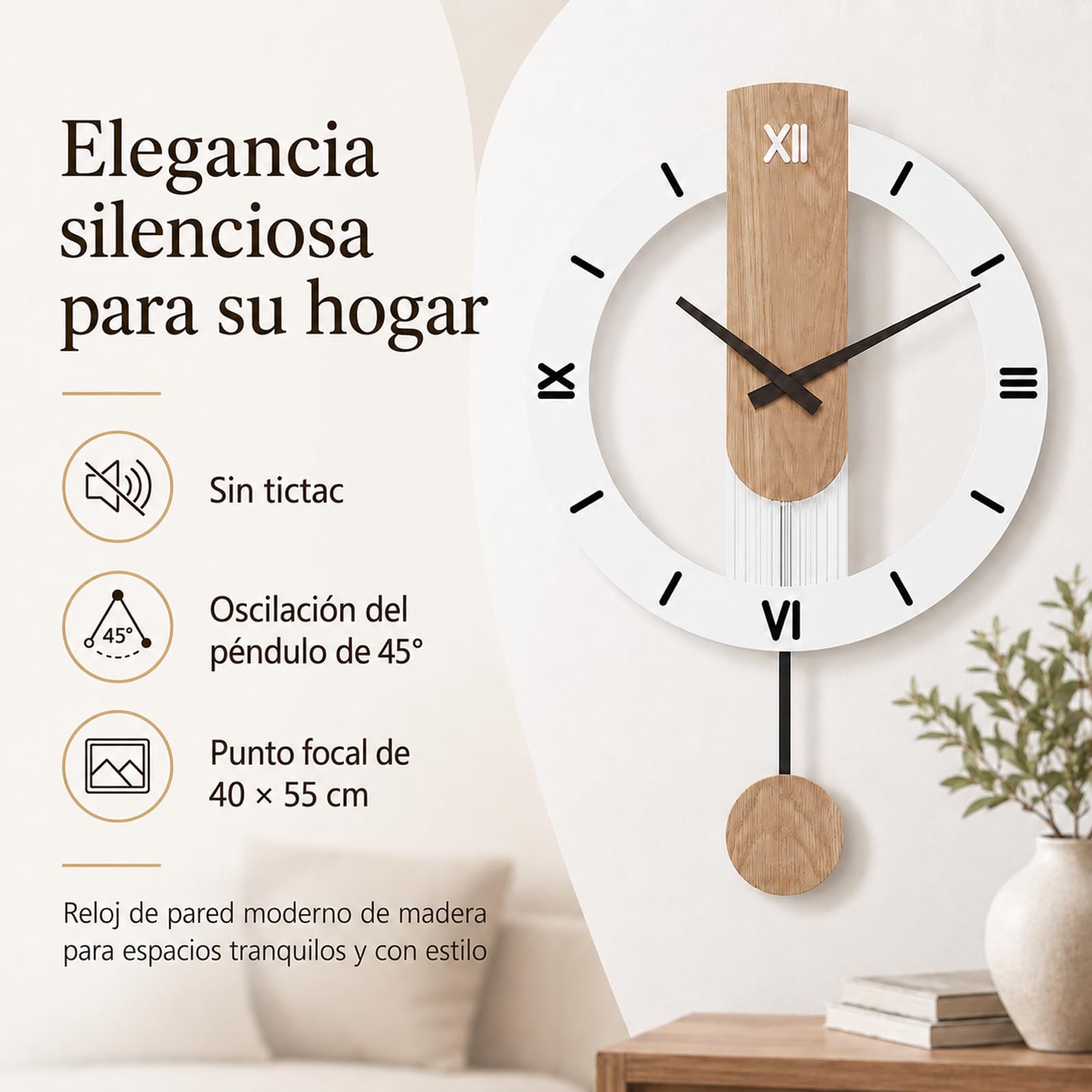 LANMOU Reloj de Pared Grande Salon con Pendulo, Marco Metalico Decorativo | Movimiento Quartz Silencioso para Estudio y Recibidor, Numeros Romanos Visibles, Moderno Blanco, 40 * 55cm