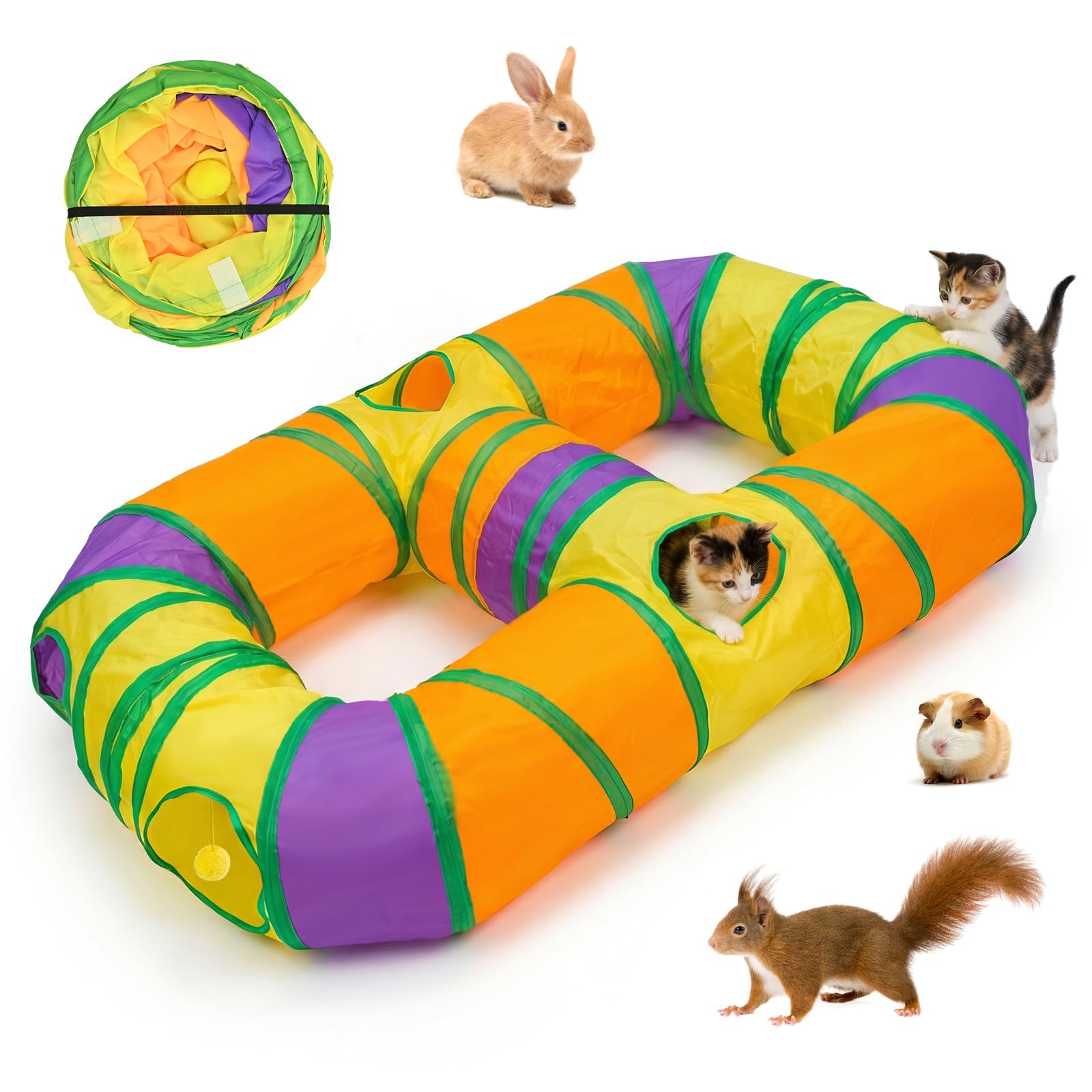 Cat Tunnels for Indoor Cats Large, 8-Way Interactive Multi-Hole Cat Play Tunnel and Bed, Foldable Rainbow Pet Toy Tent for Rabbits Puppies Guinea Pigs, Durable Polyester Tube 120x75x25cm