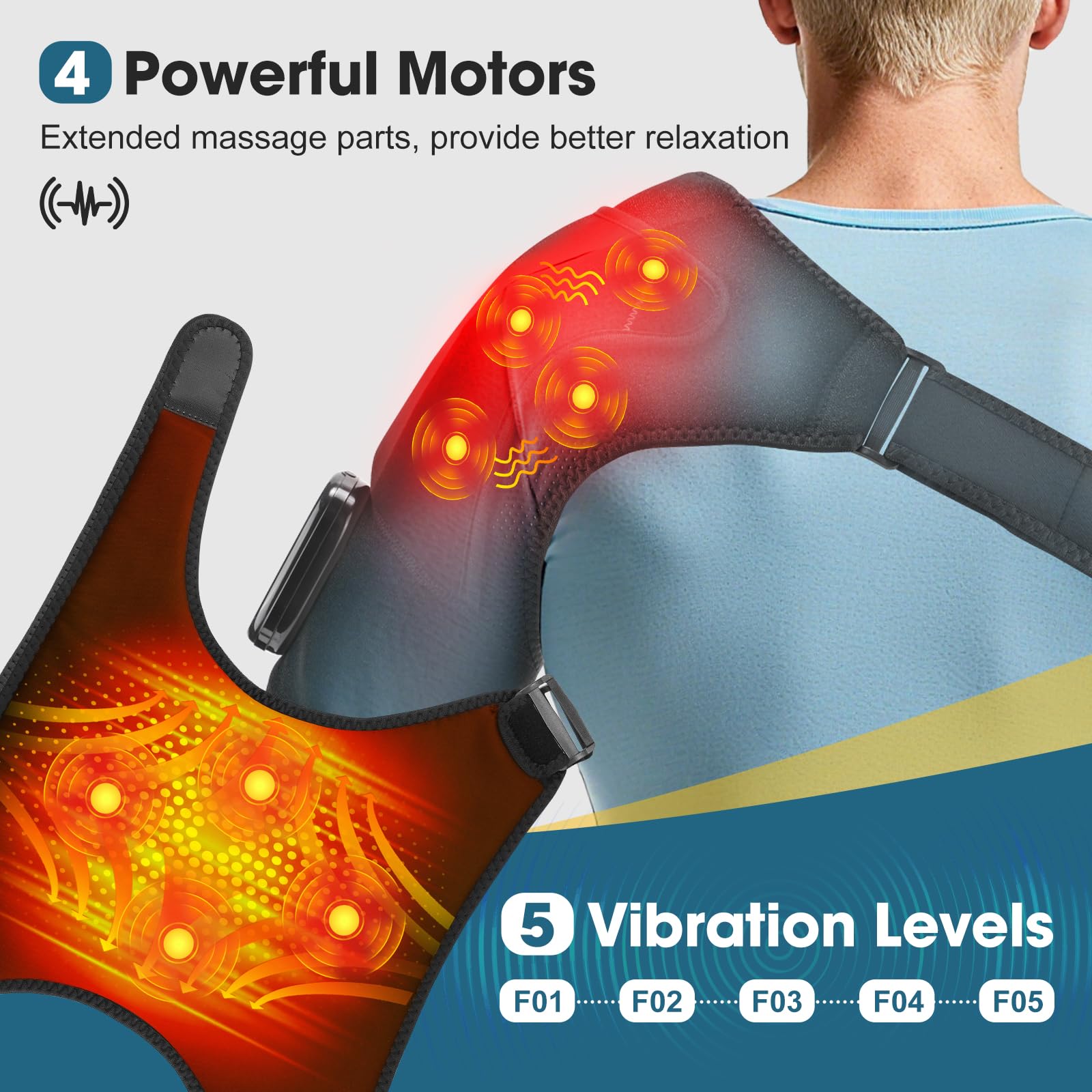 Coussinet Massant pour Épaules Chauffant Sans Fil, Attelle Chauffante pour Épaules Portable Avec Contrôle Écran Tactile, 5 Niveaux Chaleur, 5 Modes Vibration, Minuterie, 5000mAh, 4 Moteurs-Noir