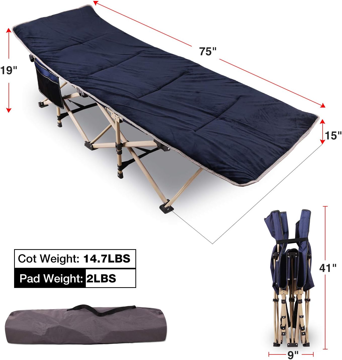 REDCAMP Folding Camping Cots for Adults with Mattress Pad, Soft and Comfortable for Outdoor Indoor Office Sleeping, Portable Heavy Duty Cots 500 Pounds, Blue Set(Cot+Pad) : Sports & Outdoors