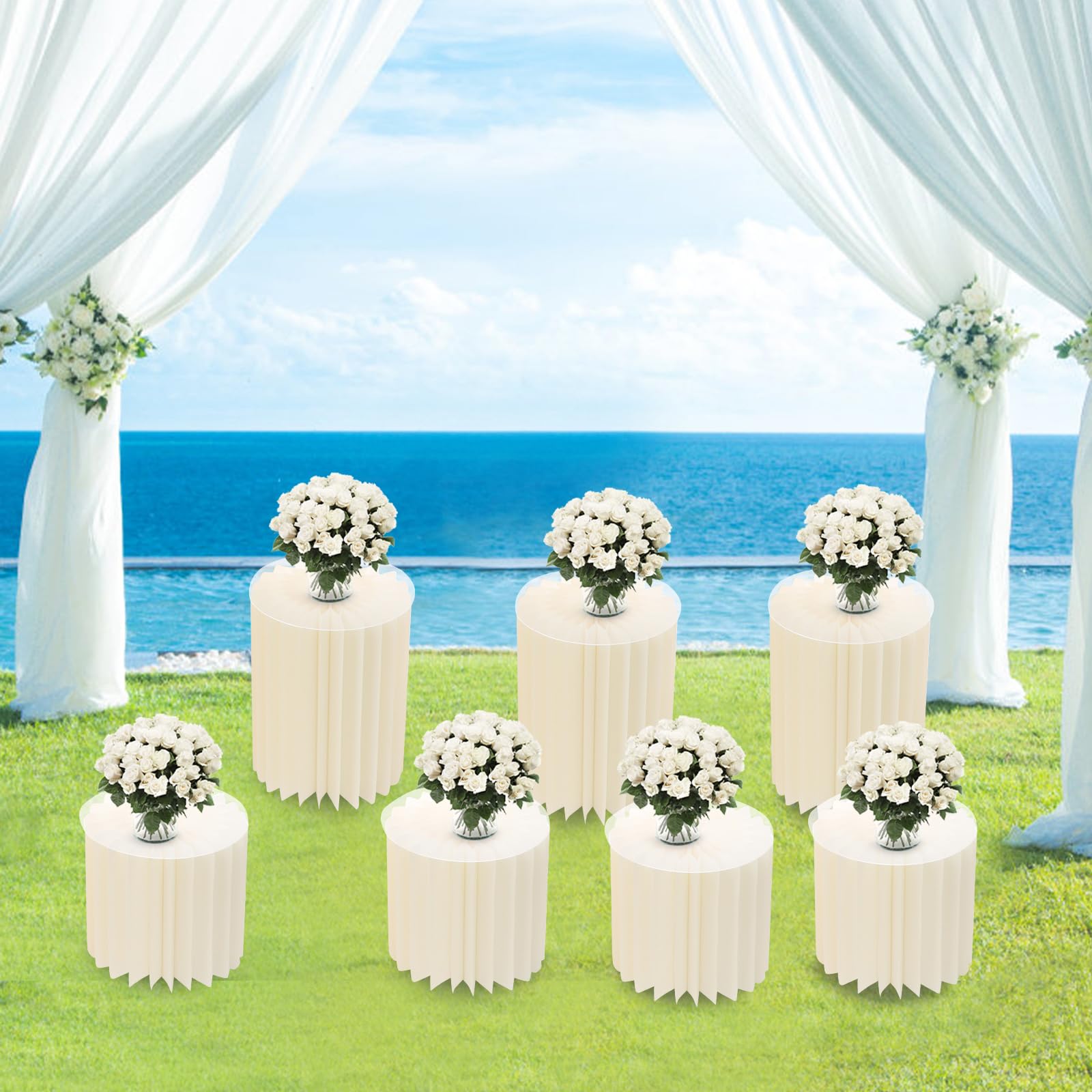 Lot de 7 supports de fleurs en carton pour mariage, vases, colonne décorative pliable avec plaques en PVC, pour décoration de table, cupcake, table à gâteau (30 x 40/30 x 30 cm)