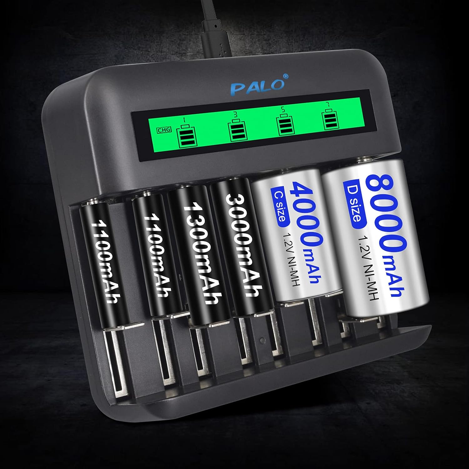 Tenberly AA AAA C D Universal Battery Charger with 4 Pack C Size 4000mAh Rechargeable Batteries