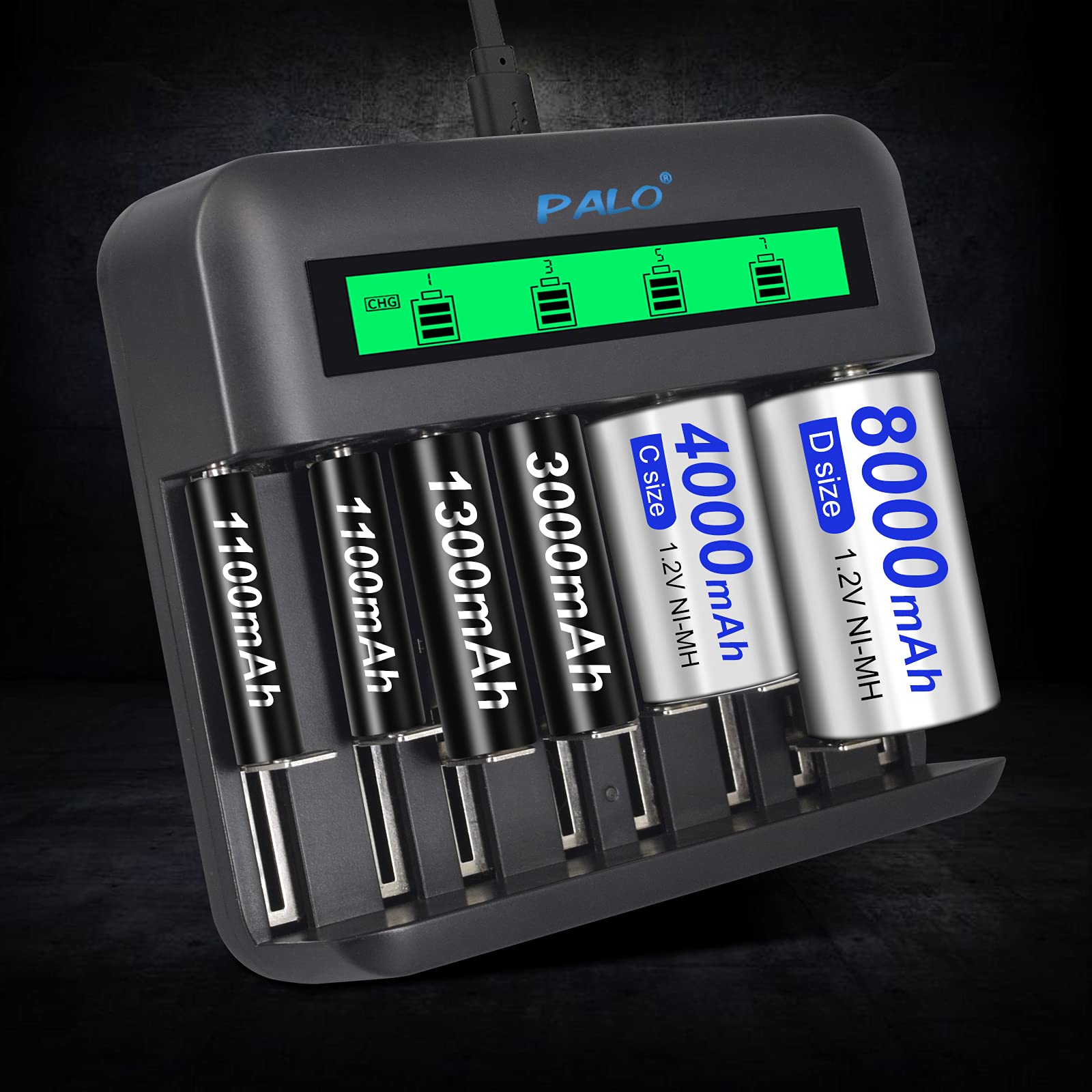 - Paquete de 4 baterías recargables de alta capacidad de 8000 mAh con cargador de batería universal para AA AAA C D