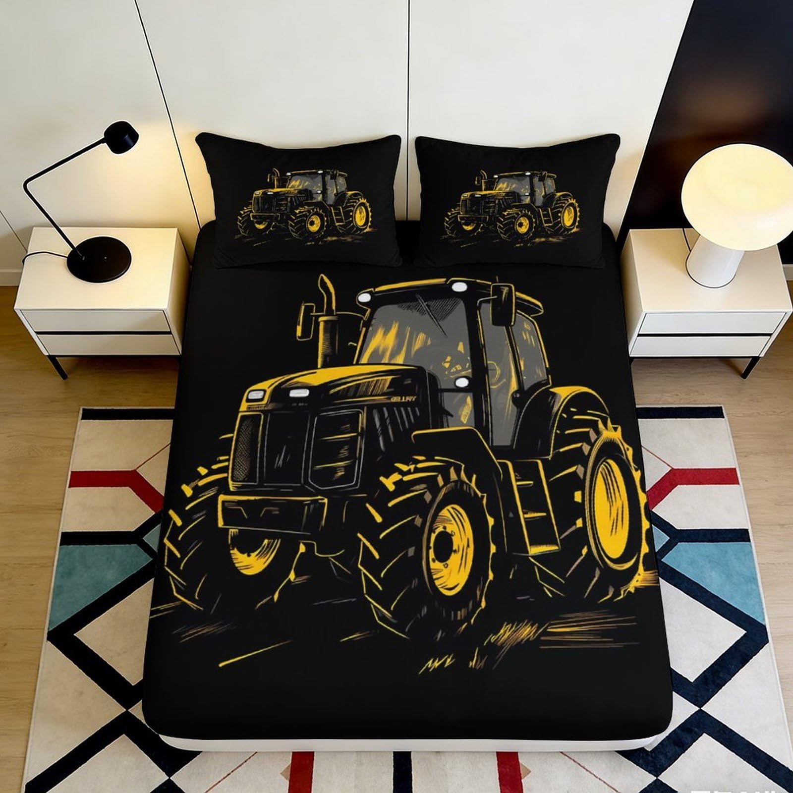 3D Printed Yellow Tractor Fitted Sheet Microfiber Soft Non Slip Bed Sheet for Bedroom Guestroom Home Decor 90x200x25cm