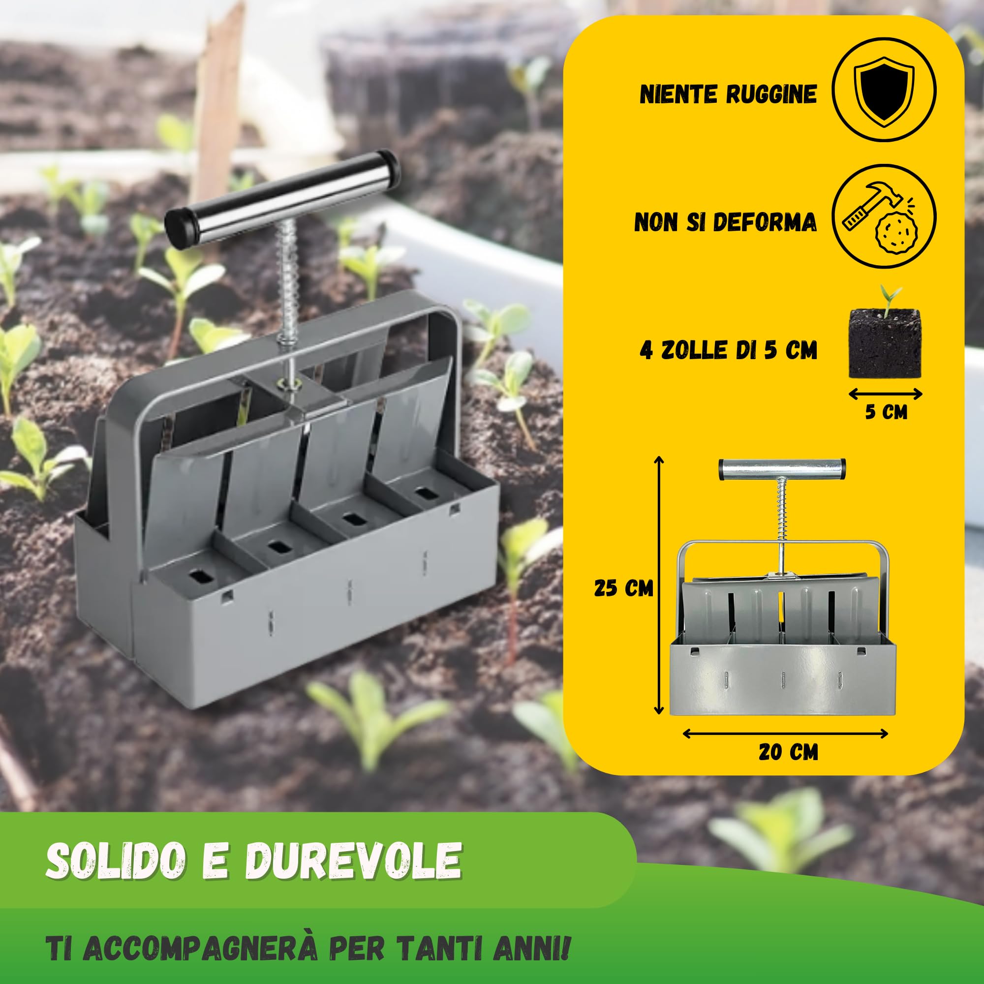 Jarden Pressa professionale per terreno - 8 Zolle quadrate da 5 cm - Attrezzo da giardinaggio in acciaio inox per piantare semi, piantine e talee