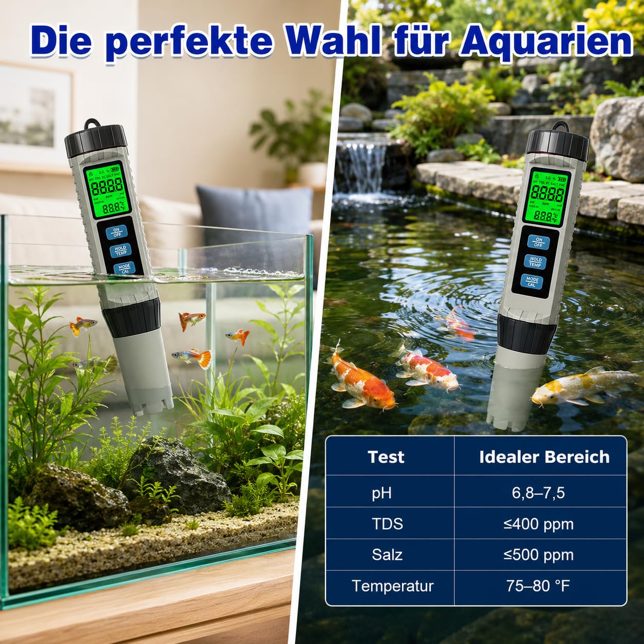 8-in-1 PH Messgerät Wasser, Pool Chlor Messgerät, Digitaler Wasserqualität Tester für pH, TDS, EC, Salzgehalt, S.G., Chlor, ORP und Temperatur, für Schwimmbad, Aquarium, Whirlpool, Trinkwasser