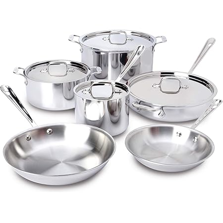 All-Clad 401877R Stainless Steel 3-Ply Bonded Dishwasher Safe Cookware Set, 10-Piece, Silver - 8400000960