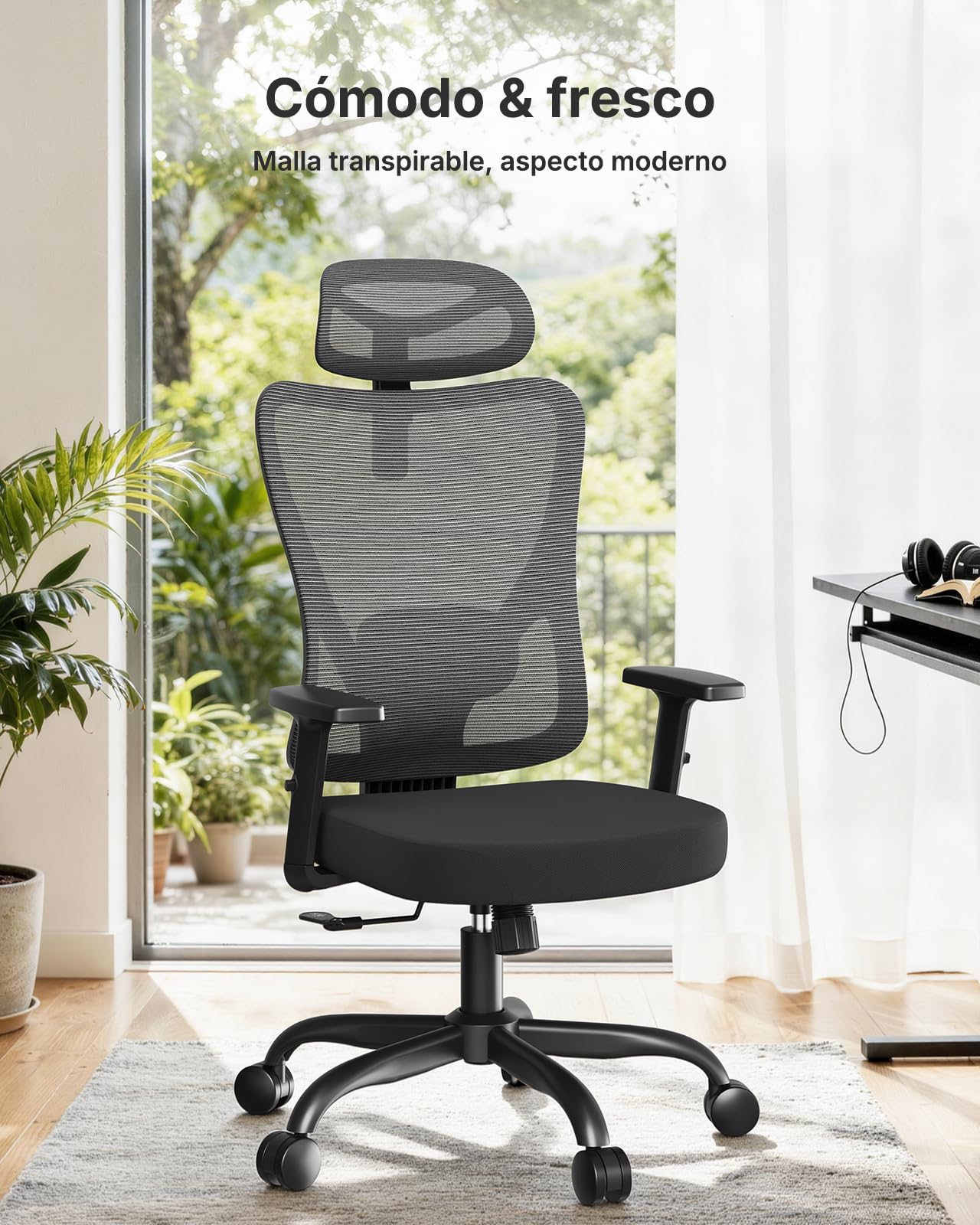Marsail Silla Oficina, Silla Escritorio Ergonómica con Reposacabezas 2D, Soporte Lumbar 2D, Reposabrazos Plegables 3D, Asiento 8 cm, Altura Regulable, Función Basculante, hasta 136 kg