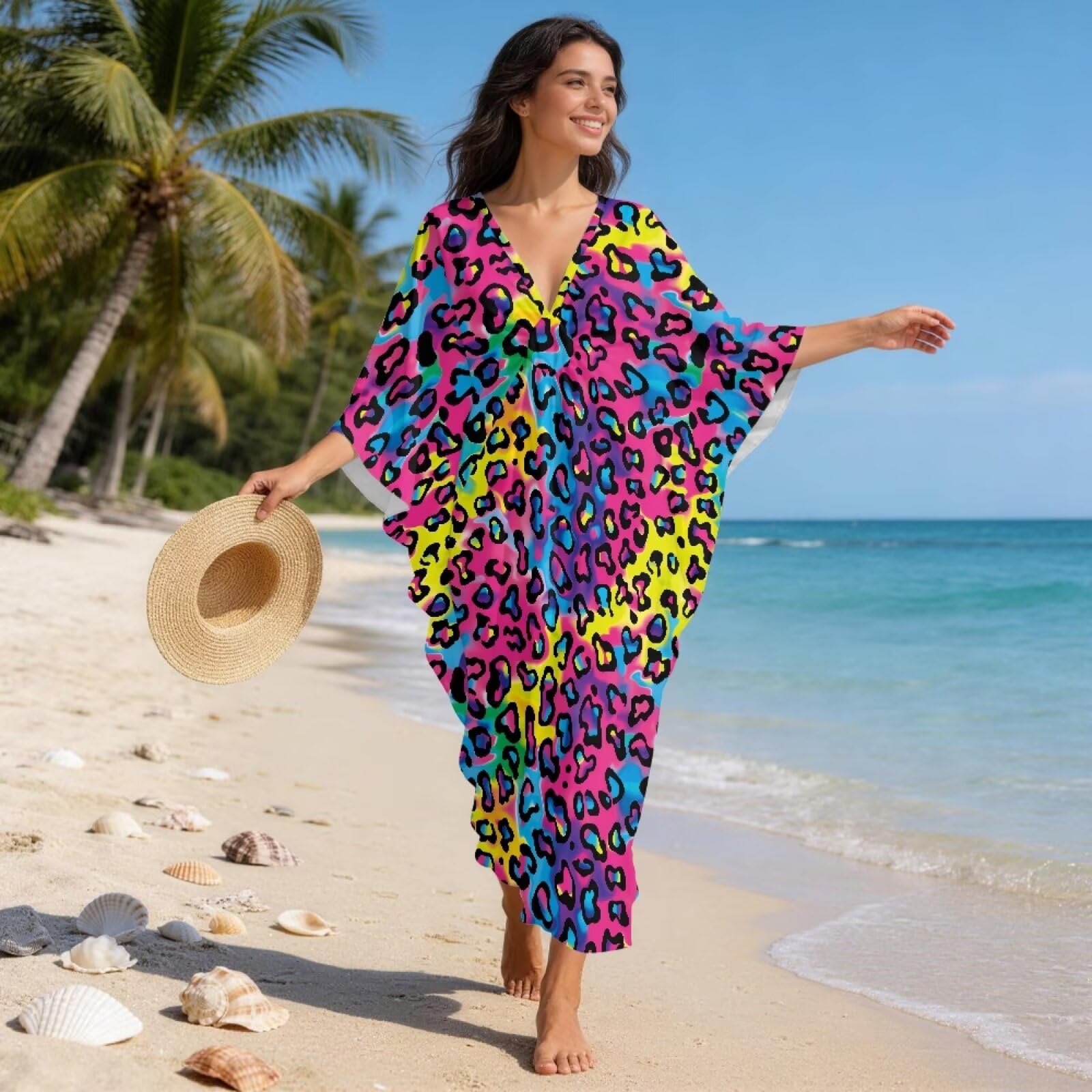 Poceacles Vestido caftán de playa para mujer, talla grande, vestido de verano con cuello en V, bikini con mangas de murciélago