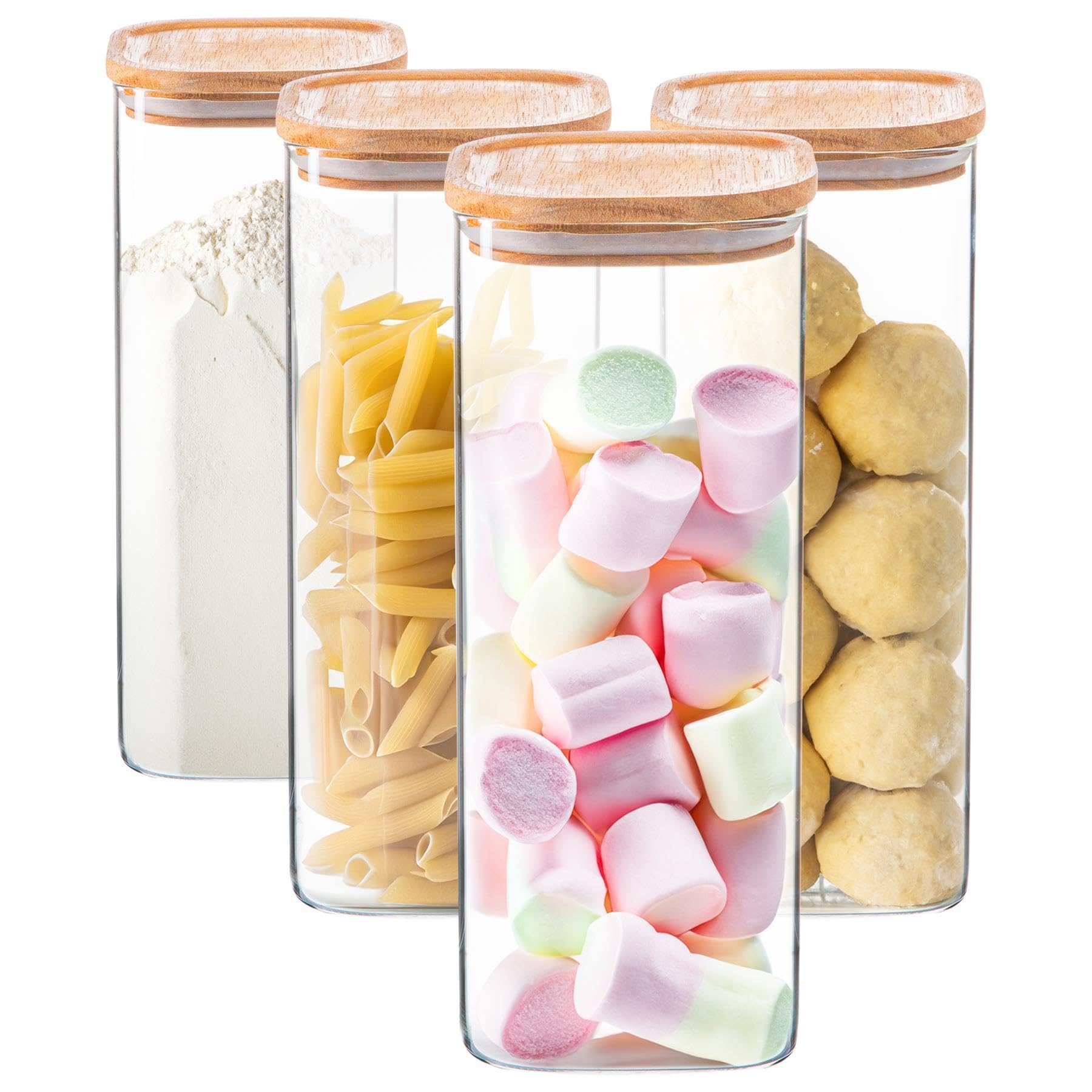 Argon Tableware Square Glass Storage Jars with Airtight Wooden Lids - 1900ml - 4 Pack - Modern Kitchen Container Preserving Jars for Pickling, Chutney, Jam, Coffee, Olives, Sugar, Spices