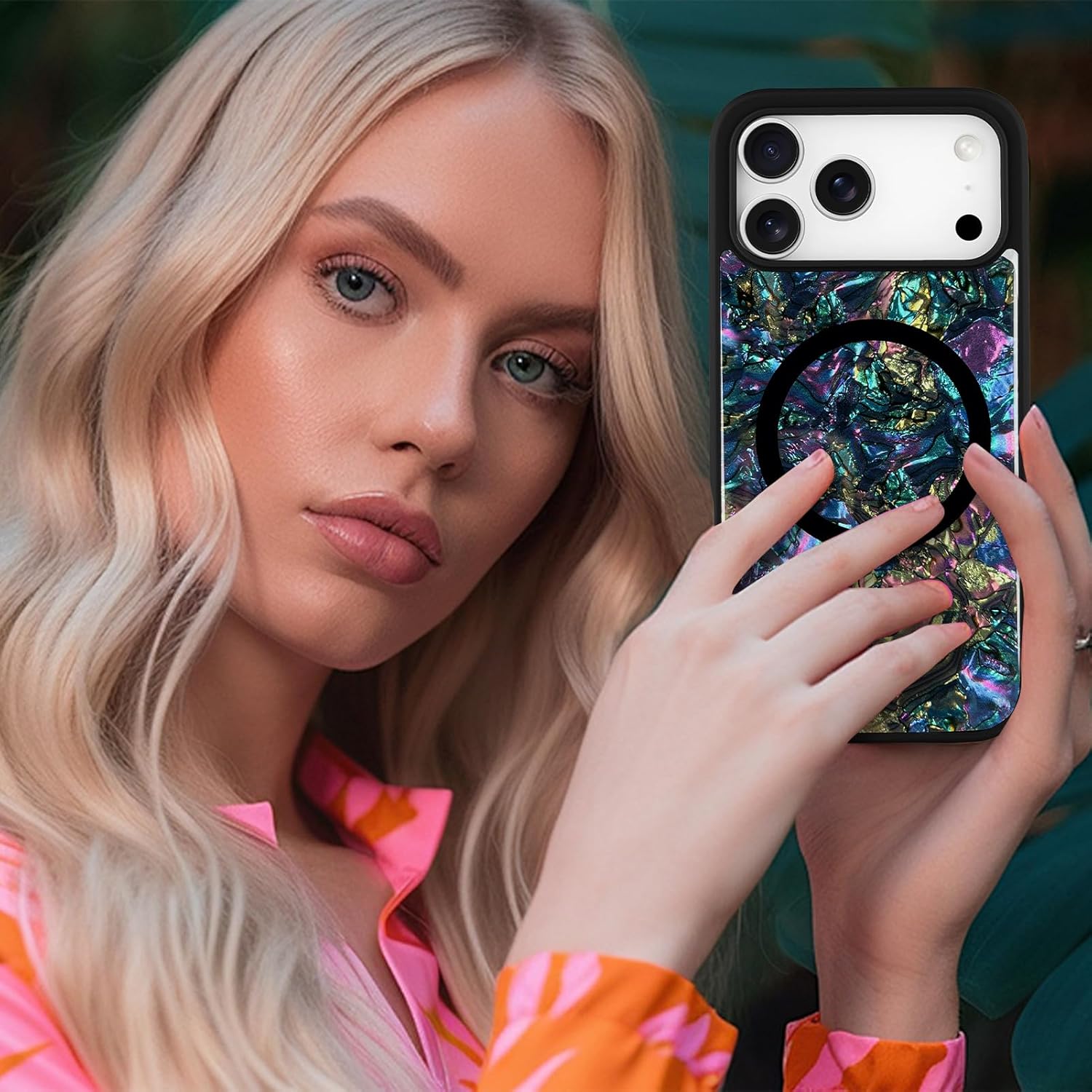 Magnetic for iPhone 17 Pro Case, Luxury Colorful Abalone Shell Phone Case for Women Men, Compatible with MagSafe, Cute Sparkle Glossy Shockproof Protective Cover, Classic Black