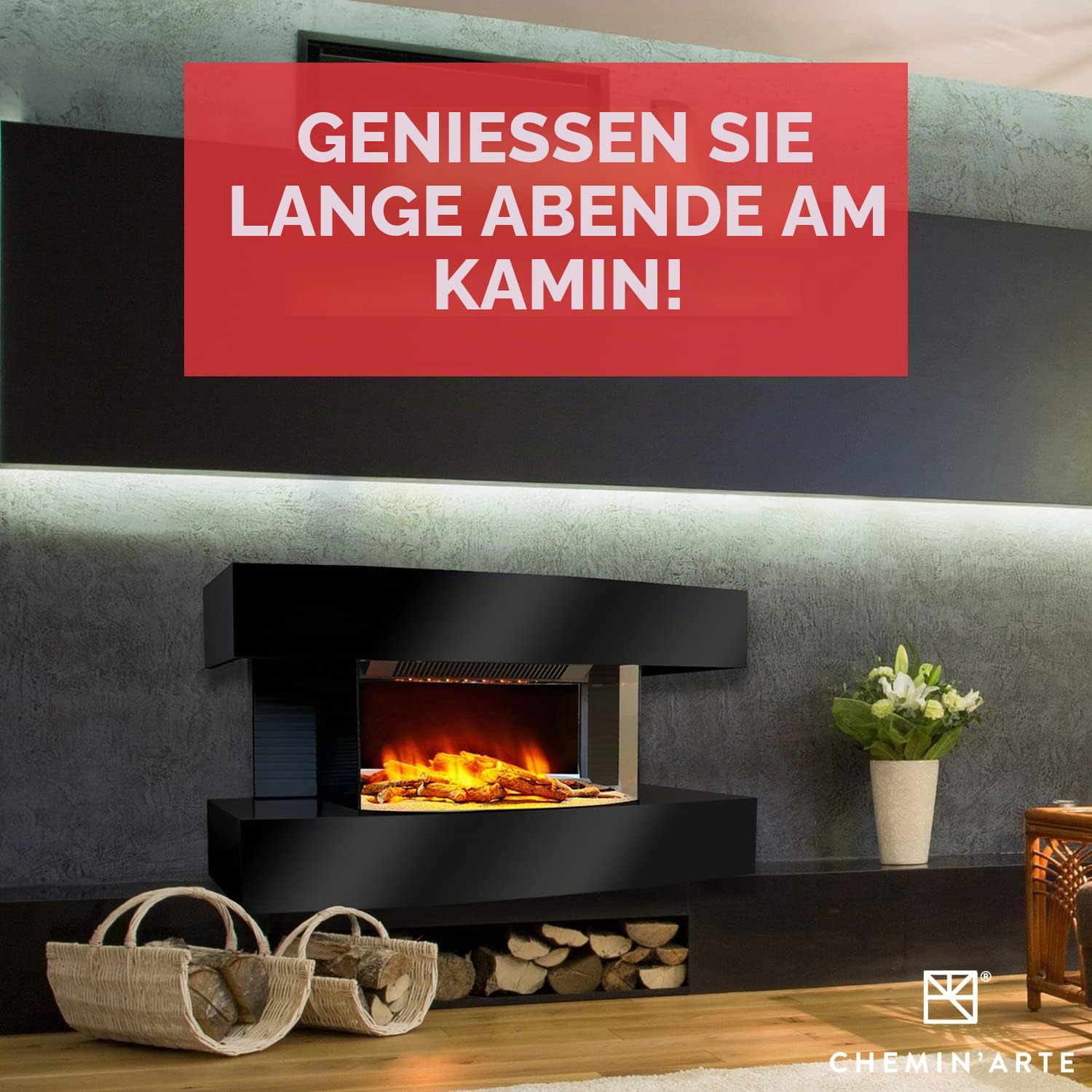 CHEMIN'ARTE Elektrokamin - Wandkamin Elektrisch - Lounge medium mit heizung 2000W - Weiß - Kamin deko - mit Fernbedienung - LED-Flammeneffekt