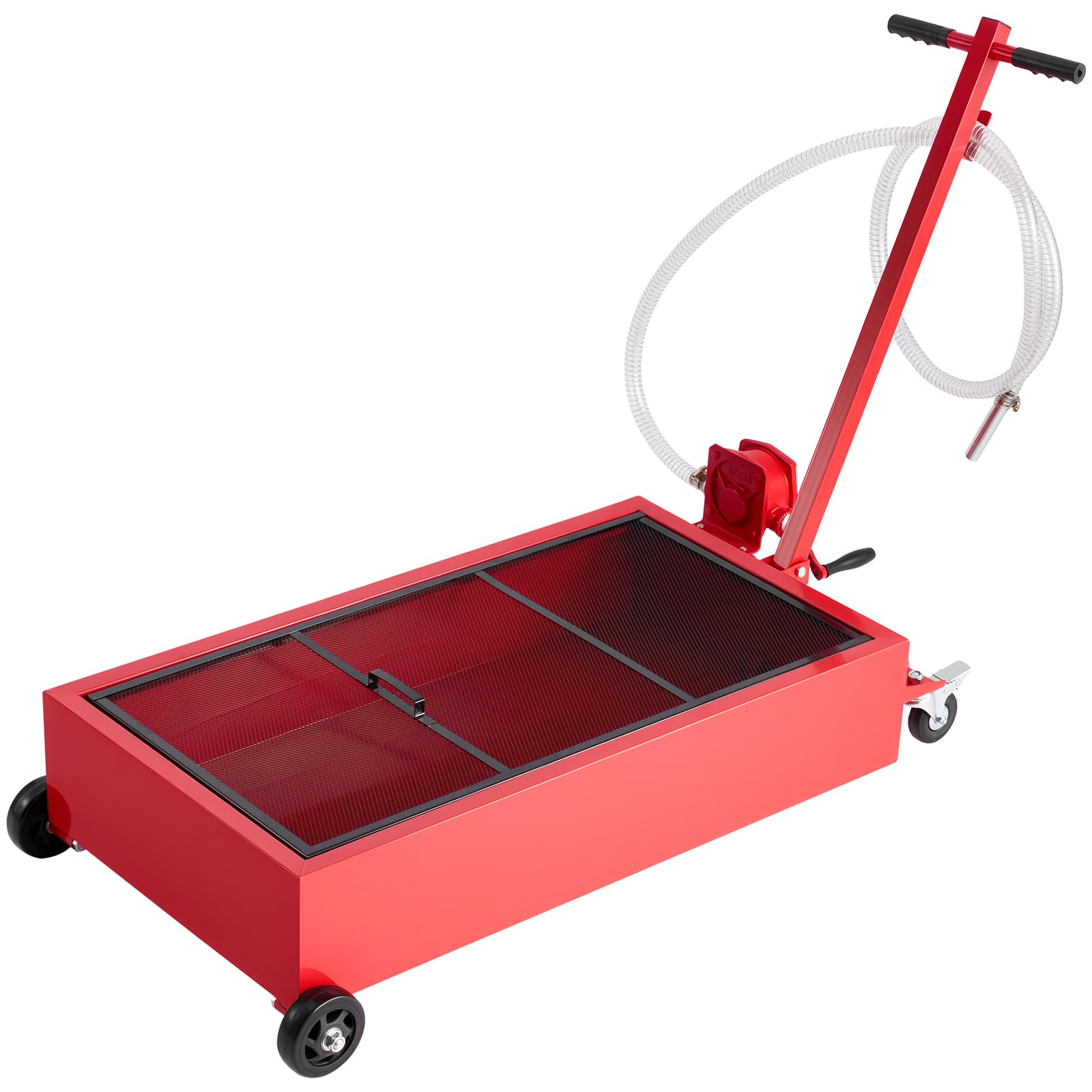 VEVOR Bandeja de Drenaje de Aceite de Perfil Bajo, Capacidad 75,7 L, con Ruedas y Bomba Manual, Manguera de 2,2 m y Asa Plegable en T, Resistente a la Corrosión, para Coches, SUV, Camiones, Rojo