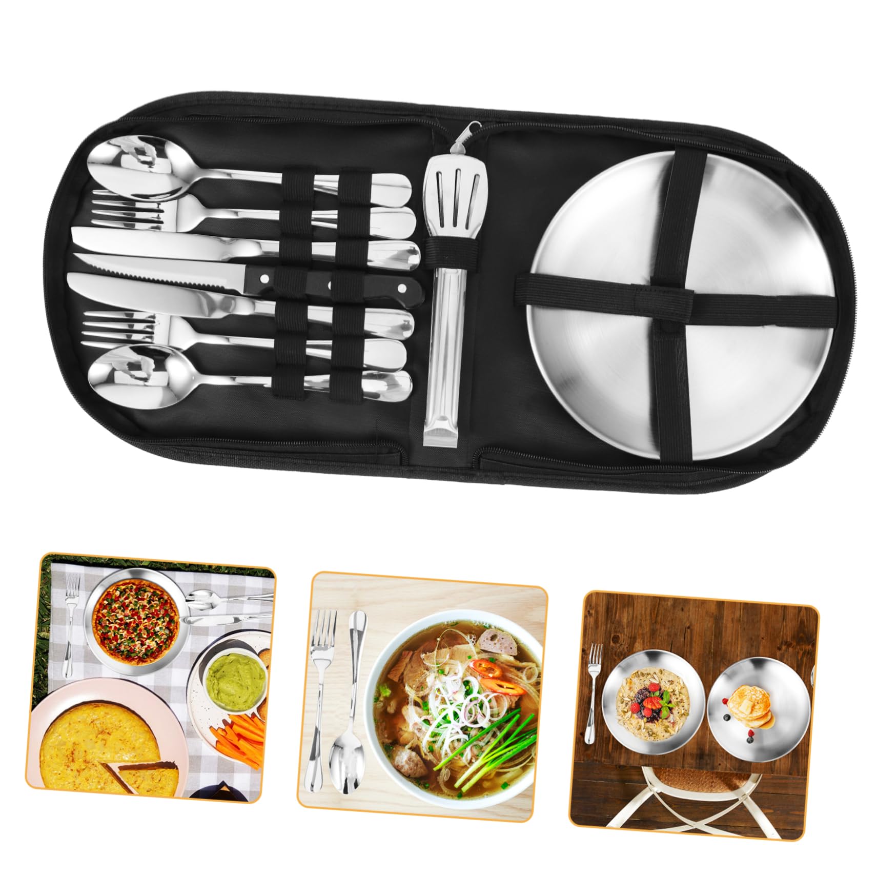 Picknickgeschirr Satz 1 Satz aus Edelstahl mit Schwarzer Tasche | Camping und Picknick, Glattkantig und Tragbar, Leicht zu Verstauen mit 10-teiligem Umfang