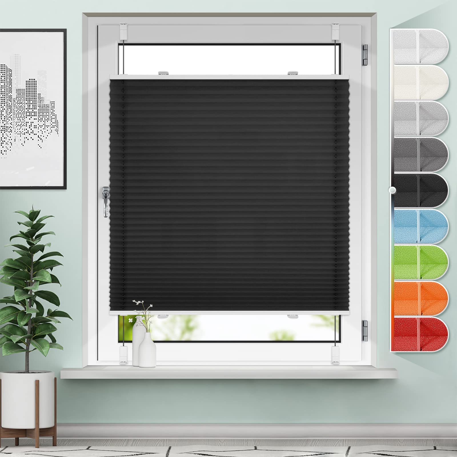 Sanfree Plissee ohne Bohren Klemmfix Plisseerollo Blickdicht Schwarz B90 x H80cm Plissees Jalousien Sichtschutz und Sonnenschutz Rollo für Fenster & Tür