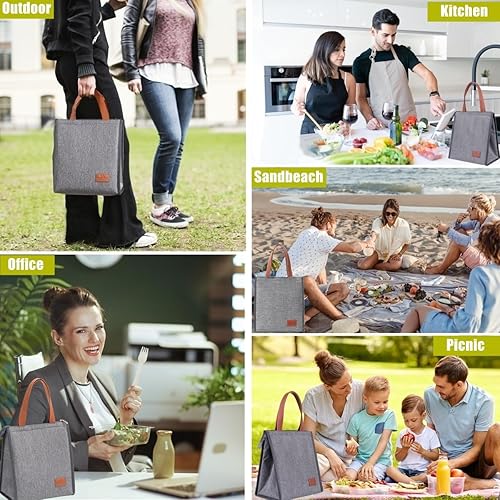 Miniatura 6 de Bolsa de almuerzo para mujer, bolsa de almuerzo reutilizable aislada con bolsillo interno, contenedor grande para adultos, bolsa térmica a prueba de