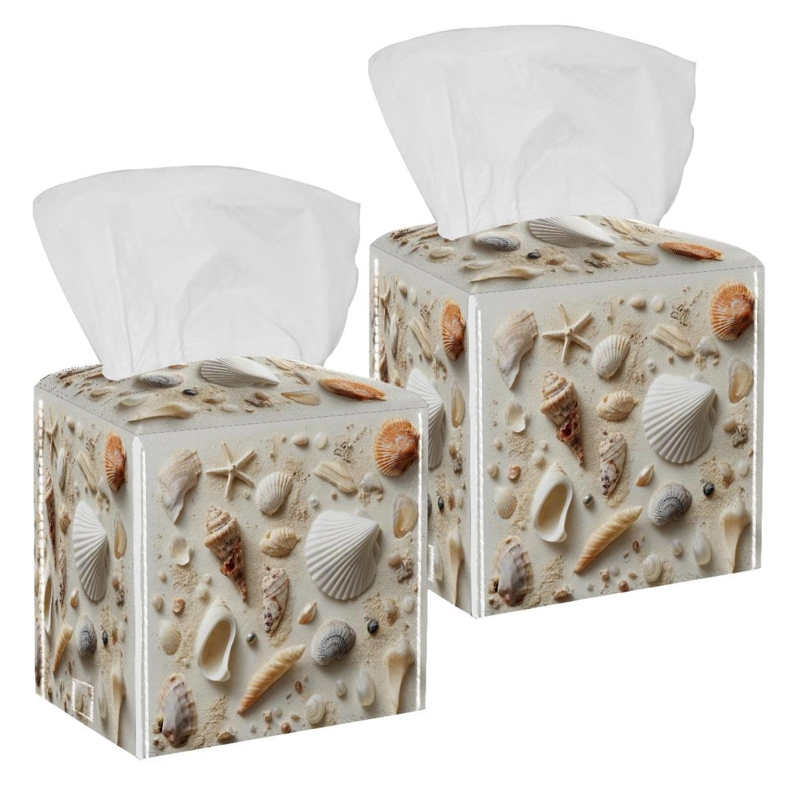 Beach Shells Tissue Box Cover, 2 Pack PU Leather Square Facial Tissue Dispenser Box holder for Home Office Car
