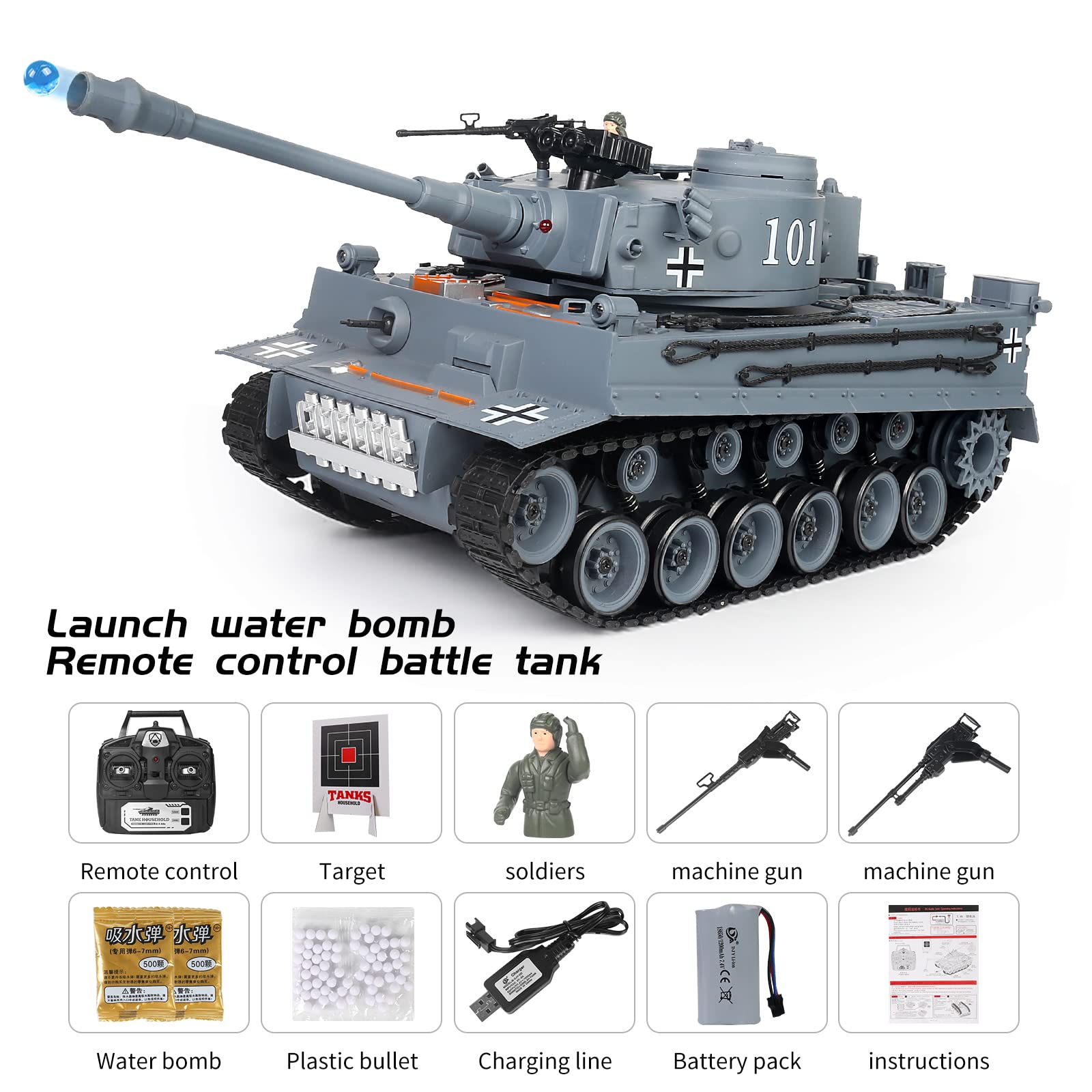 s-idee® RC Panzer S812 German Tiger grigio 1:18 2.4 Ghz Battle Serbatoio con funzione di tiro