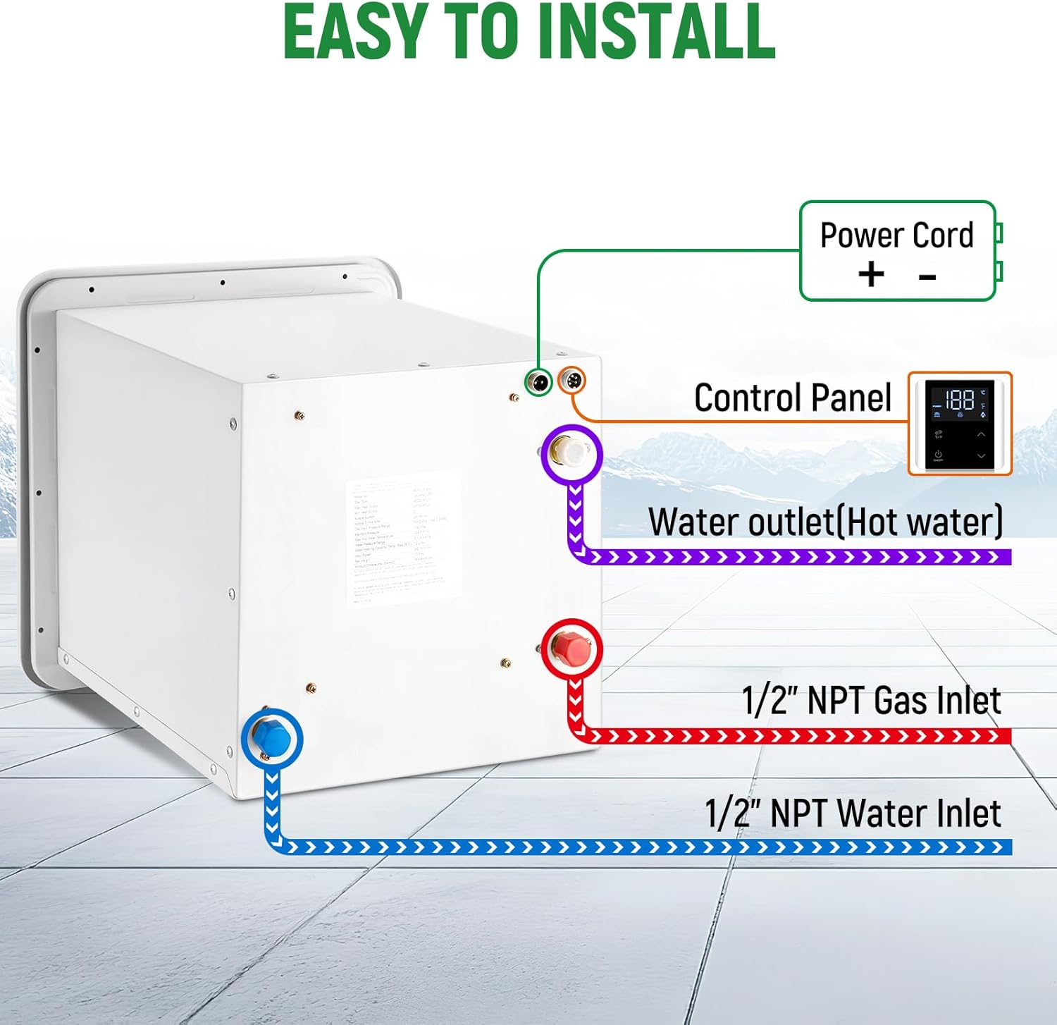 RV Tankless Water Heater, 65,000 BTU with Control Panel Showerhead, DC 12V, Freeze Protection, High Altitude Available,15" x 15" White Door On Demand Instant Hot Water Heater for RV Camping