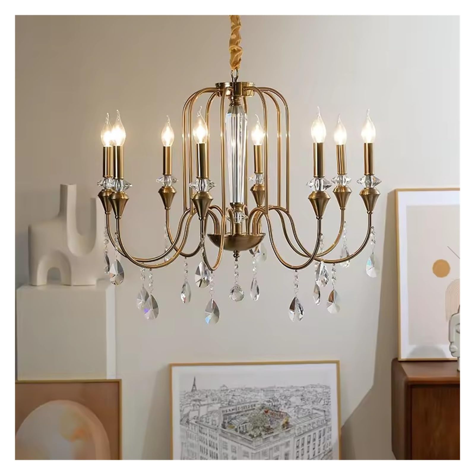 ZTCHSENZT Copper Crystal Chandelier for Living Room Bedroom Dining Room Kitchen Villa Retro Luxury Style Gold Candle Lamp Pendant Light,Cold Light-8 Head
