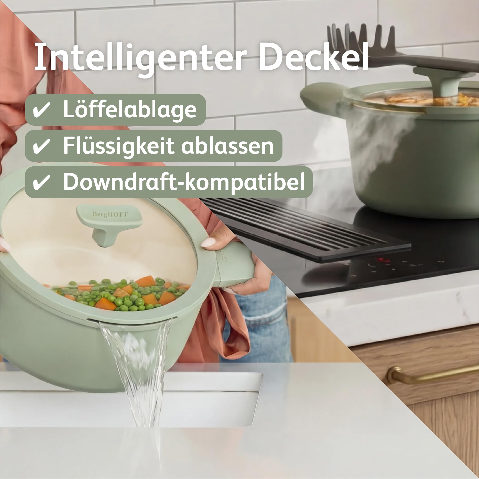 BergHOFF Leo Balance Glasdeckel 28cm - Universaldeckel - Topfdeckel aus Glas -Pfannenglasdeckel - Sage