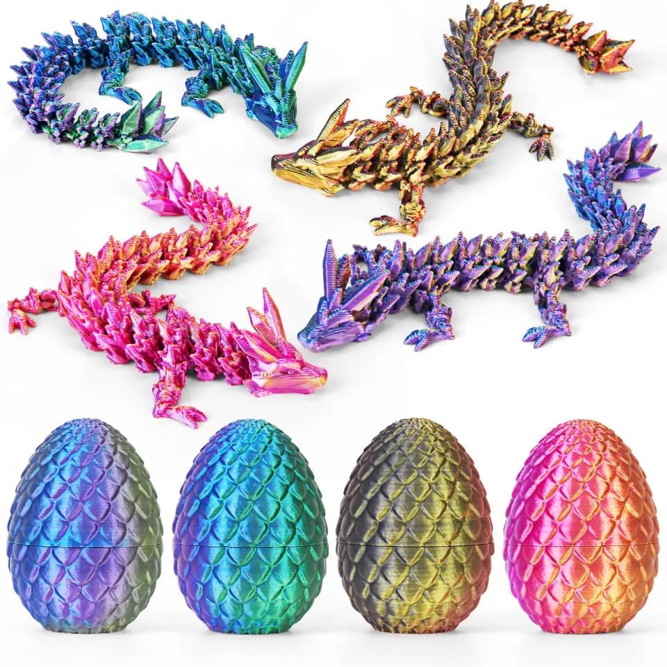 Merrwon 4er Set 3D Drachenei mit Drache – 13 cm bewegliche Gelenke Drachen spielzeuge, Kristall Drachen, Kinder – Geeignet als Spielzeug ab 5/6/7/8/9 Jahre Jungen Mädchen