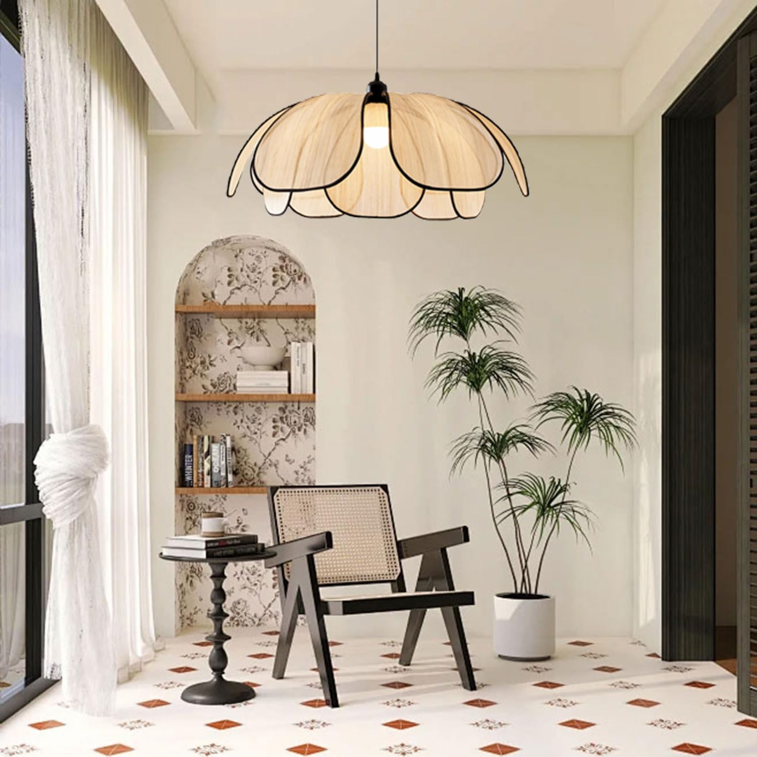 Mid Century Modern Rattan Pendant Light Flower Shape Design Chandelier Creative Hanging Ceiling Fixture Decoration for Balcony, Bedroom, Living Room (50 CM)