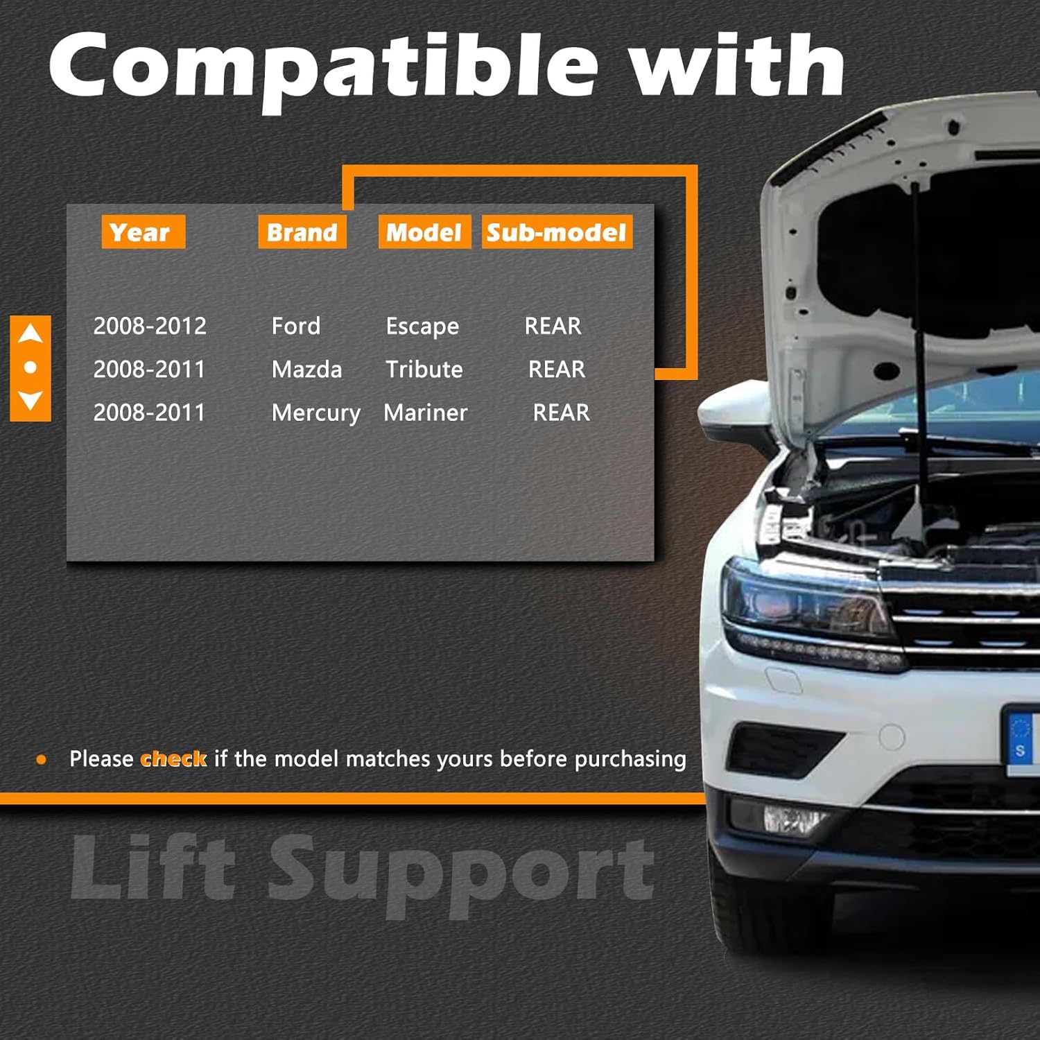 2PCS 17.48 in Rear Back Glass Window Lift Support Struts Gas Spring Shocks Rod Compatible with Ford 08-12 Escape - 08-11 Tribute - 08-11 Mariner (2008 2009 2010 2011 2012)