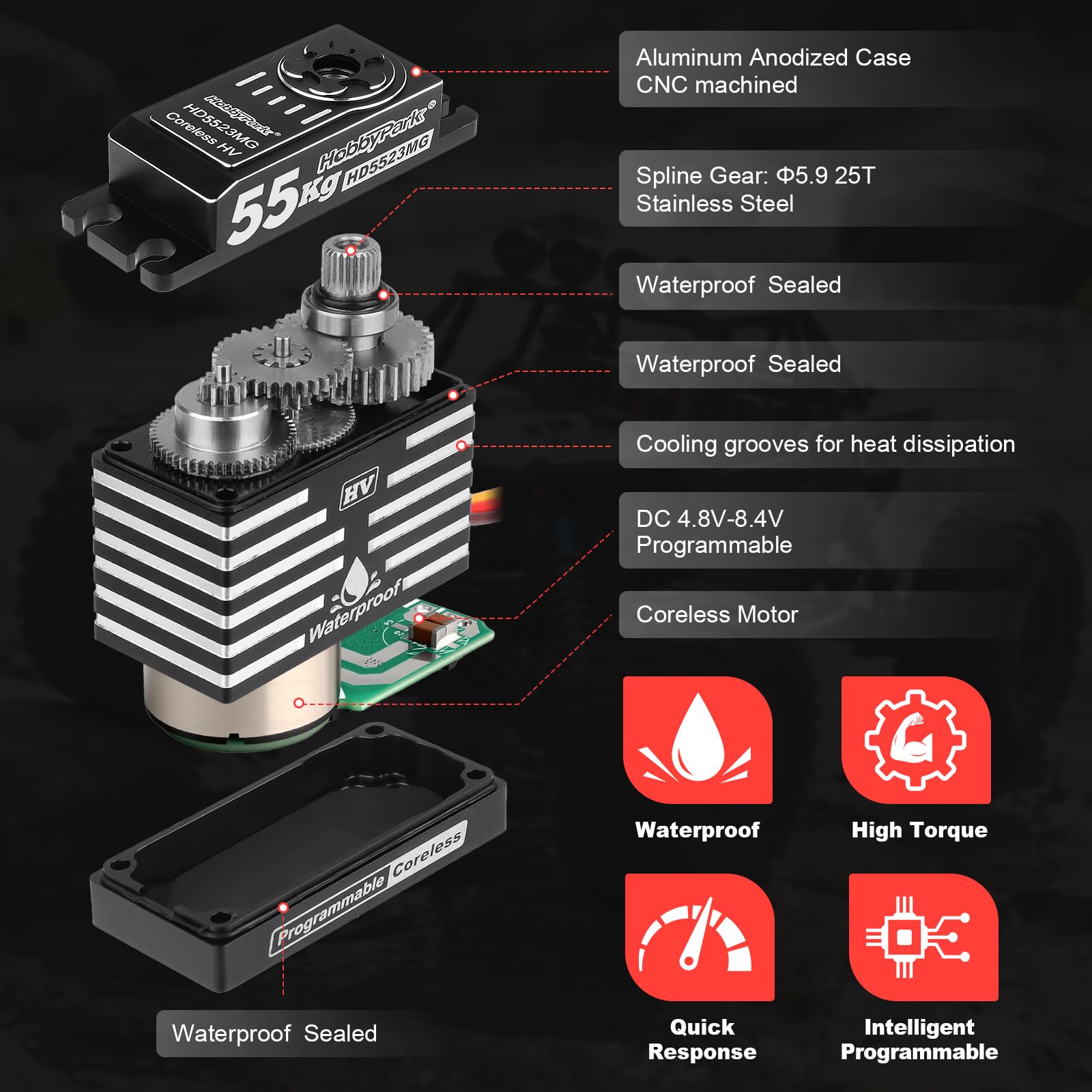 HobbyPark Impermeabile 55KG Servo Coreless Motore 8.4V HV Servo Alta Coppia Servo Full Metal Gear RC Servo Programmabile per 1/8 1/10 RC Crawler RC Camion RC Auto Buggy Robot 180 ° w/Servo Horn
