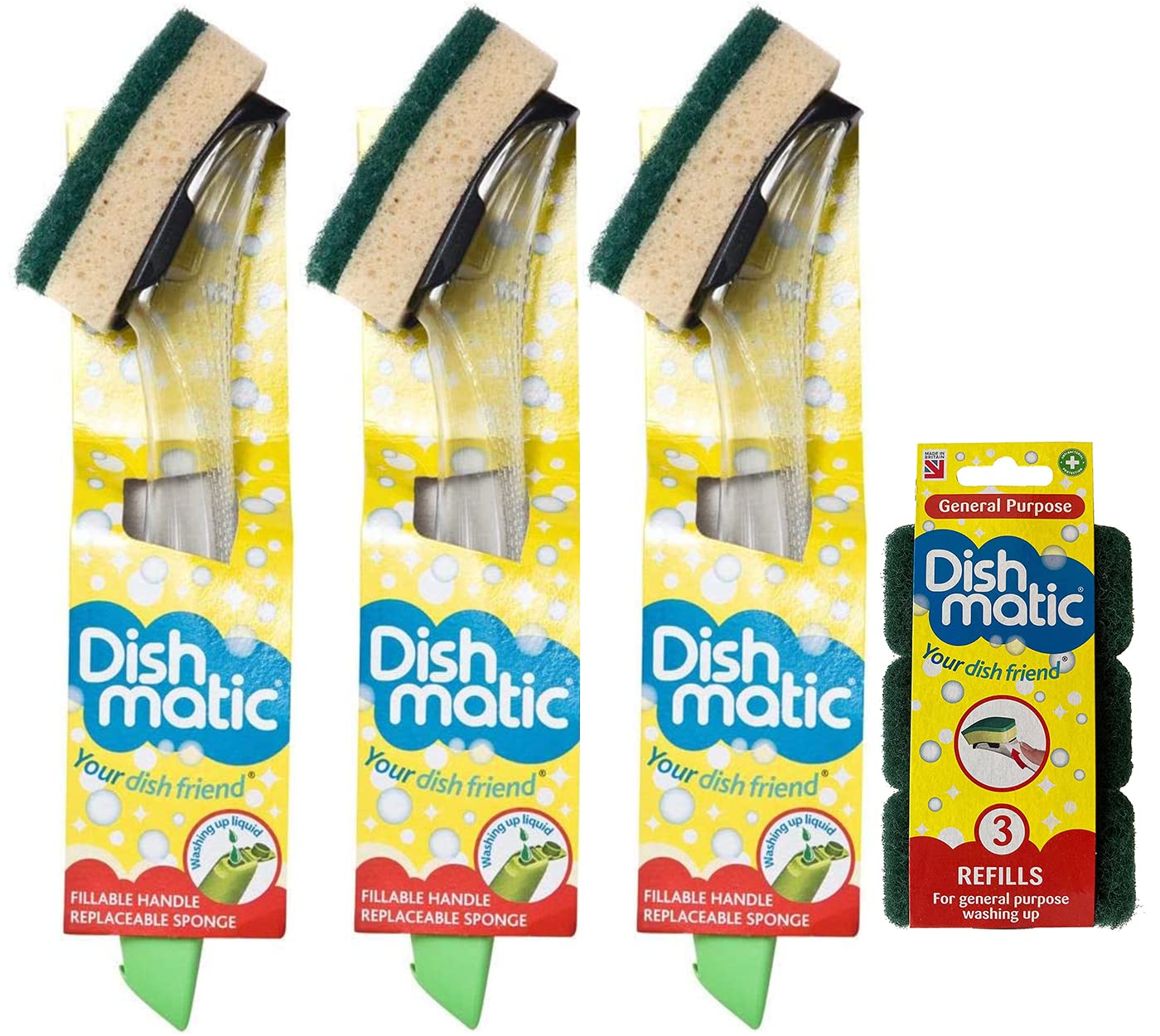 Topest 3X Fillable Washing Up Brush And Sponge Bundle- Easy Grip Dish Cleaner - With 3X General Purpose Brush Sponge Refills