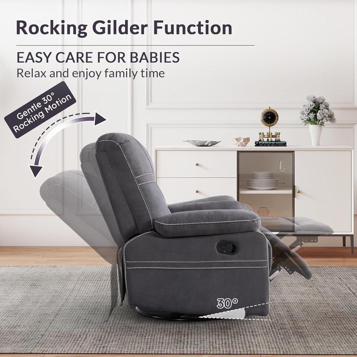 HAOMARKETS 360° Swivel Rocker Recliner Chair for Adults, Manual RockingRecliner Chair with Overstuffed Backrest and Armrests, Upholstered Rocking Reclining Sofa Chair for Living Room, Grey