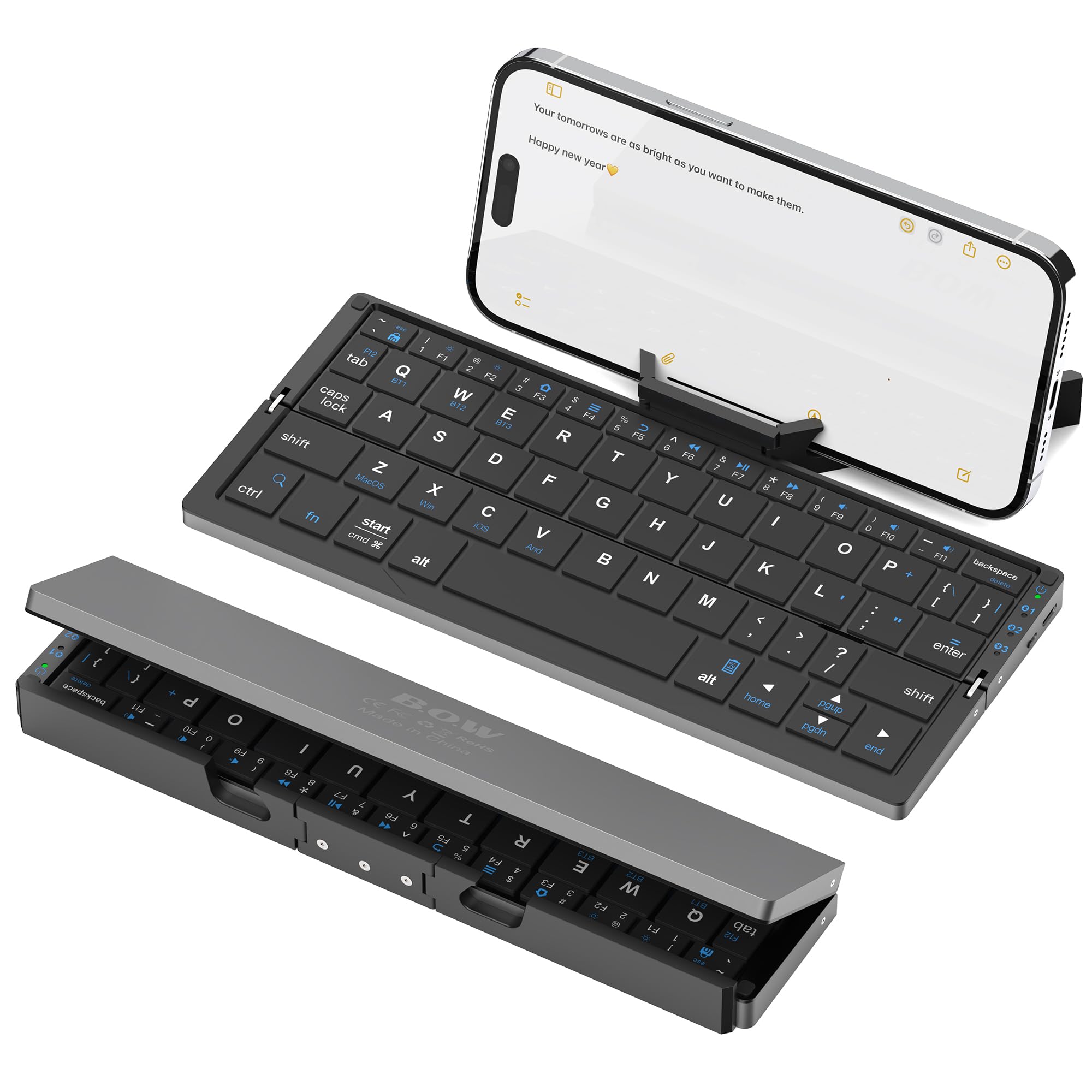 Inalambrico Plegable con Soporte, Teclado Bluetooth QWERTY Portatil para Viajes, Teclado para iPad/Ordenador portátil/Tableta/Smart TV, Compatible con Windows, iOS, Mac OS, Android (Negro)