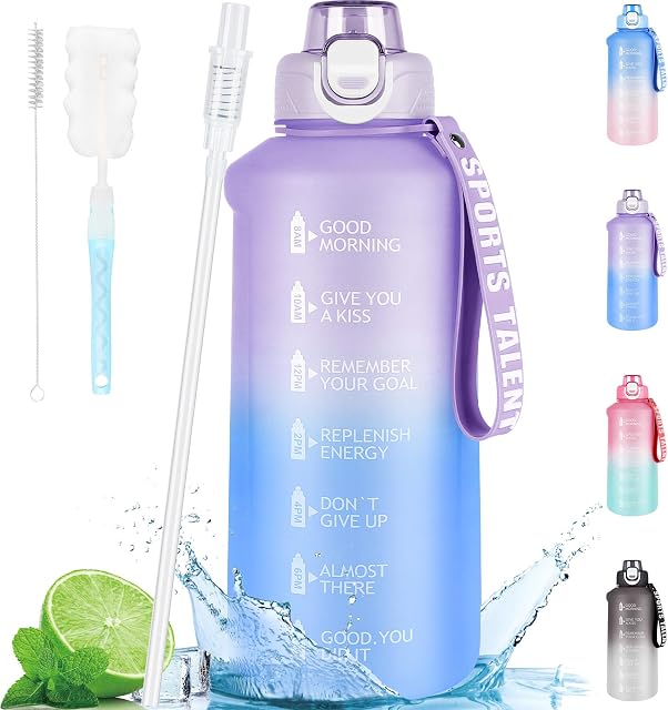 AOHAN Water Bottle 2l, Sports Water Bottle w/ Straw, BPA Free Large Water Bottle w/ Time Markings, Leakproof Drinks Bottle for Fitness, Gym and Outdoor Sports Dishwasher Safe, Violet Blue Gradient