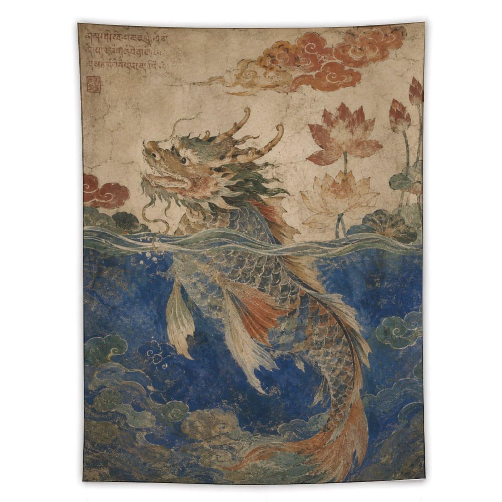 H3B8U2Y5 Dragon and Waves Wall Tapestry, Fantasy Illustration, Backdrop
