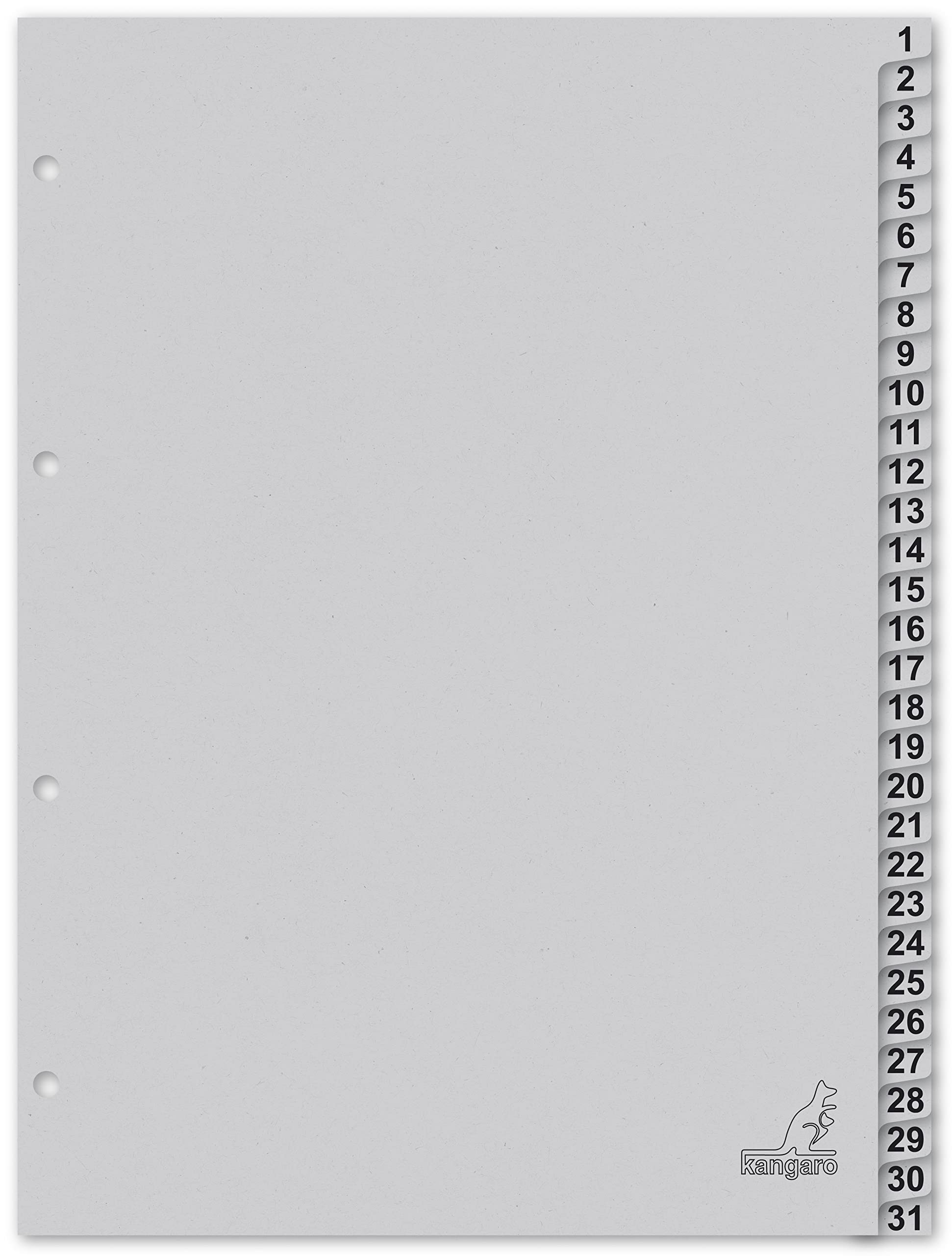 Kangaro Cardboard Index DIN A4 Numbers 1-31. 180 g/m² Recycled Grey FSC Cardboard, 31 Pieces