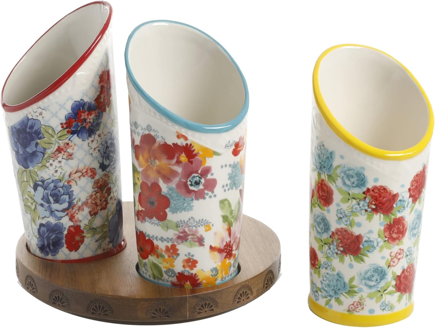 Floral Medley Ceramic 3-Compartment Utensil Holder with Wooden Base