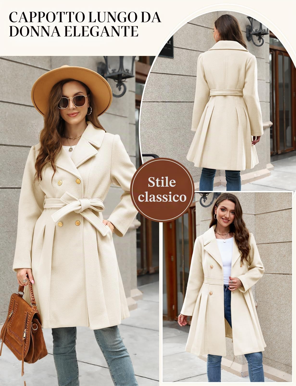Cappotto Lana Donna Invernale Elegante Caldo Giacca Lungo Cappotti Autunno Moda Giubbotto da Collo Casual Trench Coat con Cintura