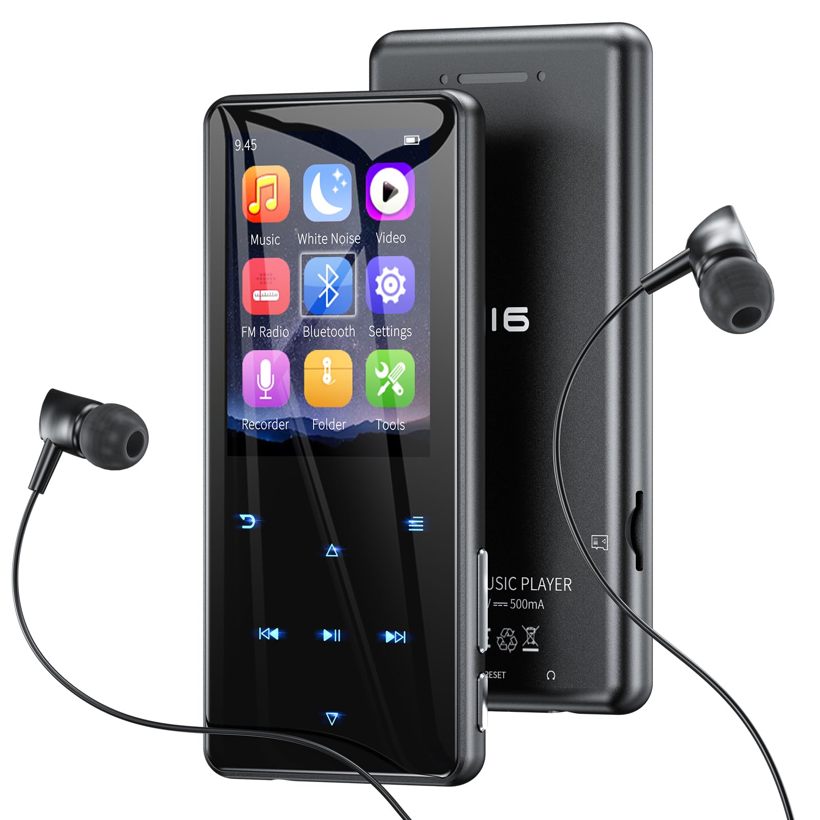 Lettore MP3 64 GB con Bluetooth 5.3 e schermo a colori da 2,4" – Dotato di tasti touch, altoparlante, corpo metallico, audio Hi-Fi, 18 suoni per dormire, radio FM – Espandibile fino a 128 GB.