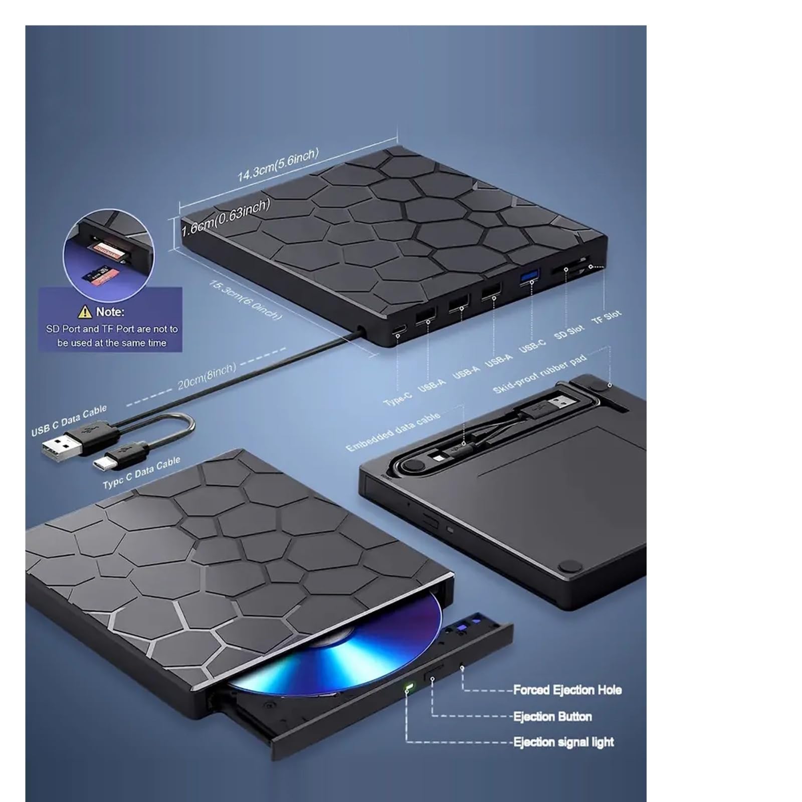 Zewnętrzny napęd CD/DVD do laptopa, 8 w 1 USB 3.0, ultracienki przenośny, odtwarzacz i nagrywarka CD/VCD/DVD