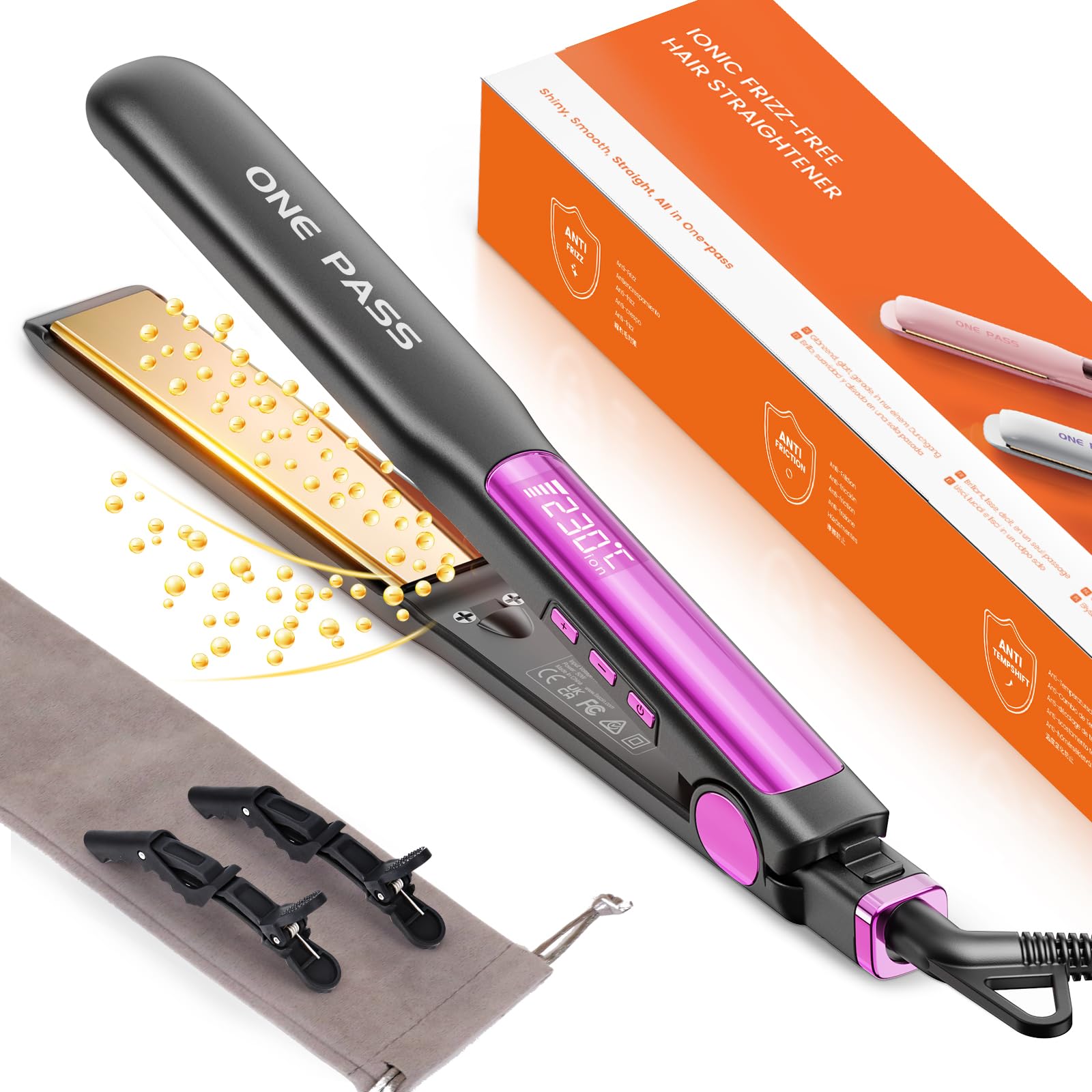 Faszin - Plancha para pelo con placas de titanio liso, plancha para alisar negativos iones protector, 20S calienta rápido, pantalla LCD, voltaje universal, alisador de pelo 2 en 1 (gris)