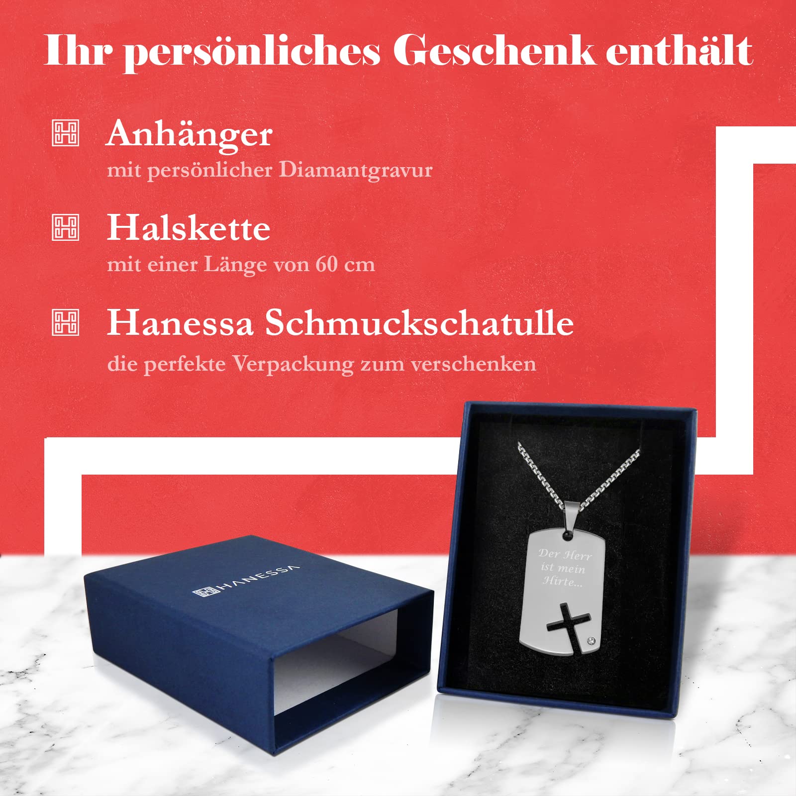Personalisierte Kette mit Gravur Edelstahl 60 cm mit Anhänger Dog Tag Kreuz - Personalisierte Halskette für Männer und Frauen - Personalisierter Schmuck Damen Herren
