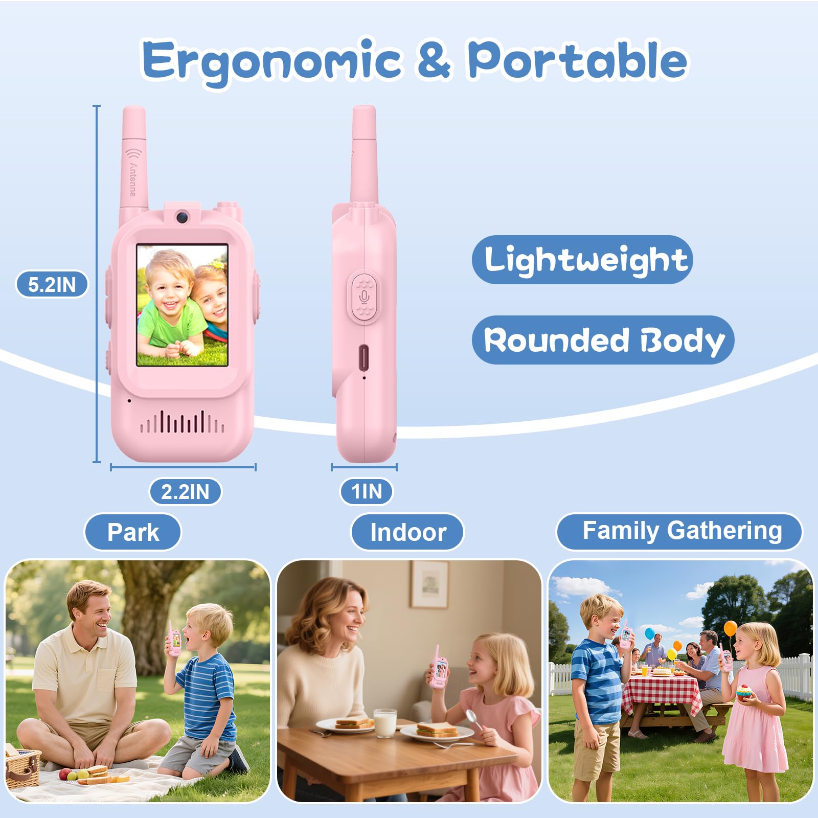 Hangrui Talkie Walkie Enfants avec Vidéo & HD Caméra,Lot de 2 Talkies-Walkies Rechargeable,Portée 100-400m,4 Modes de Voix Changée, Cadeaux Jouets de Plein air pour Enfants de 3 à 12 Ans (Rose + Rose)
