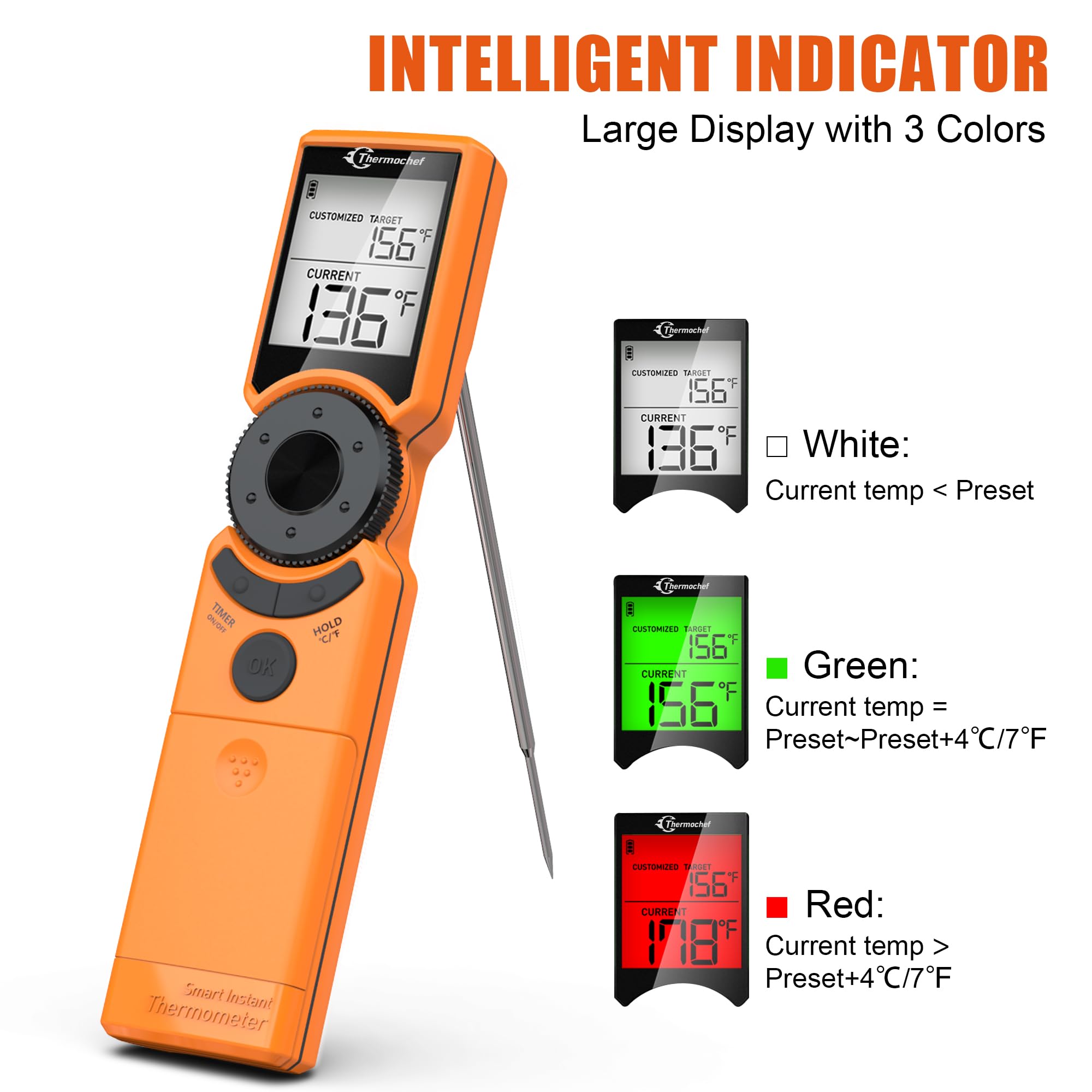 Thermochef Digital Meat Thermometer for Grill, Instant Read Food Thermometers for Cooking with Food Doneness Guide, Calibration and LCD Backlight Screen, High Accuracy +-1% degF, BBQ Beef Candy Orange - Image 5